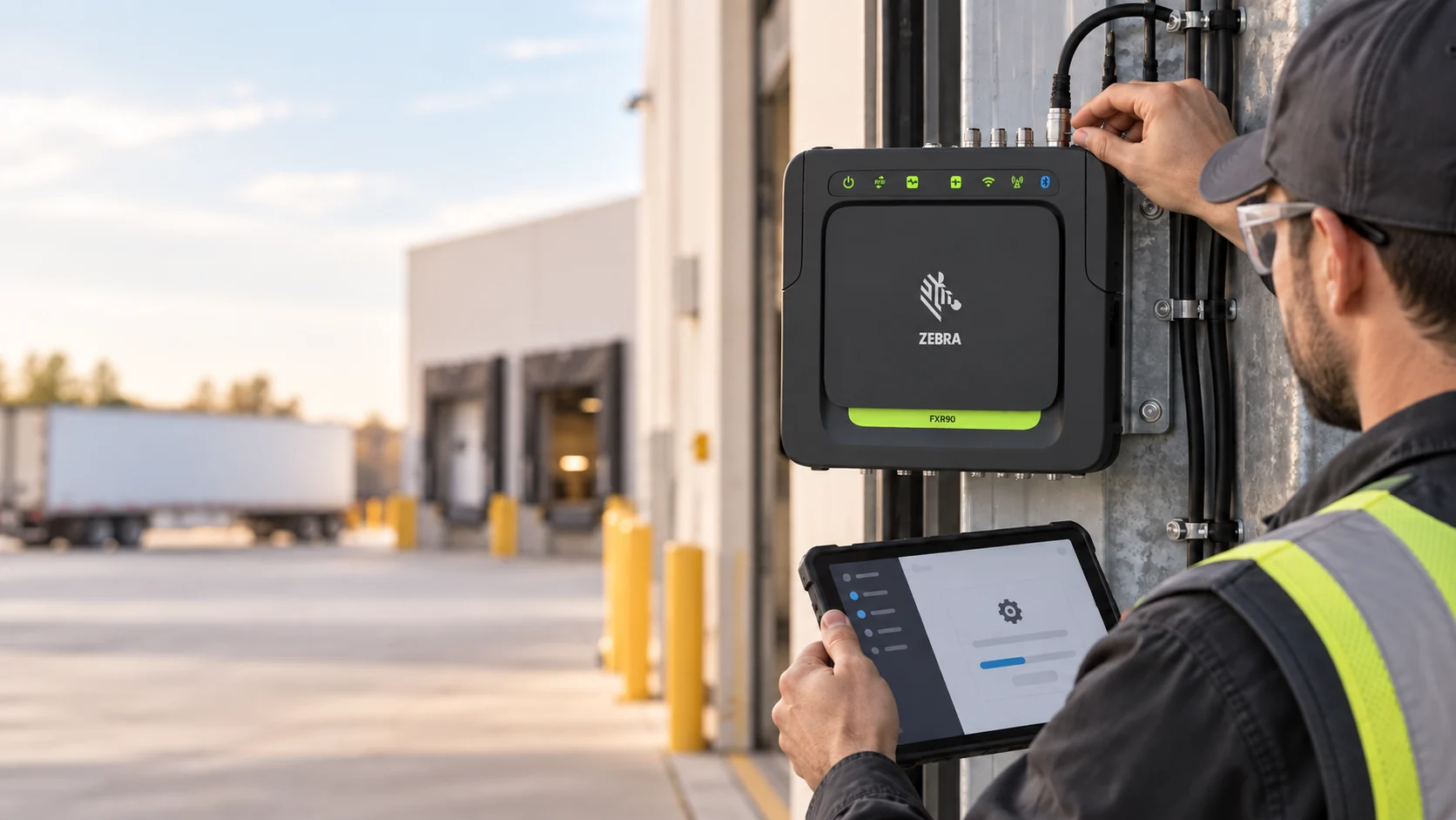 Technician connecting a fixed RFID reader at a loading dock