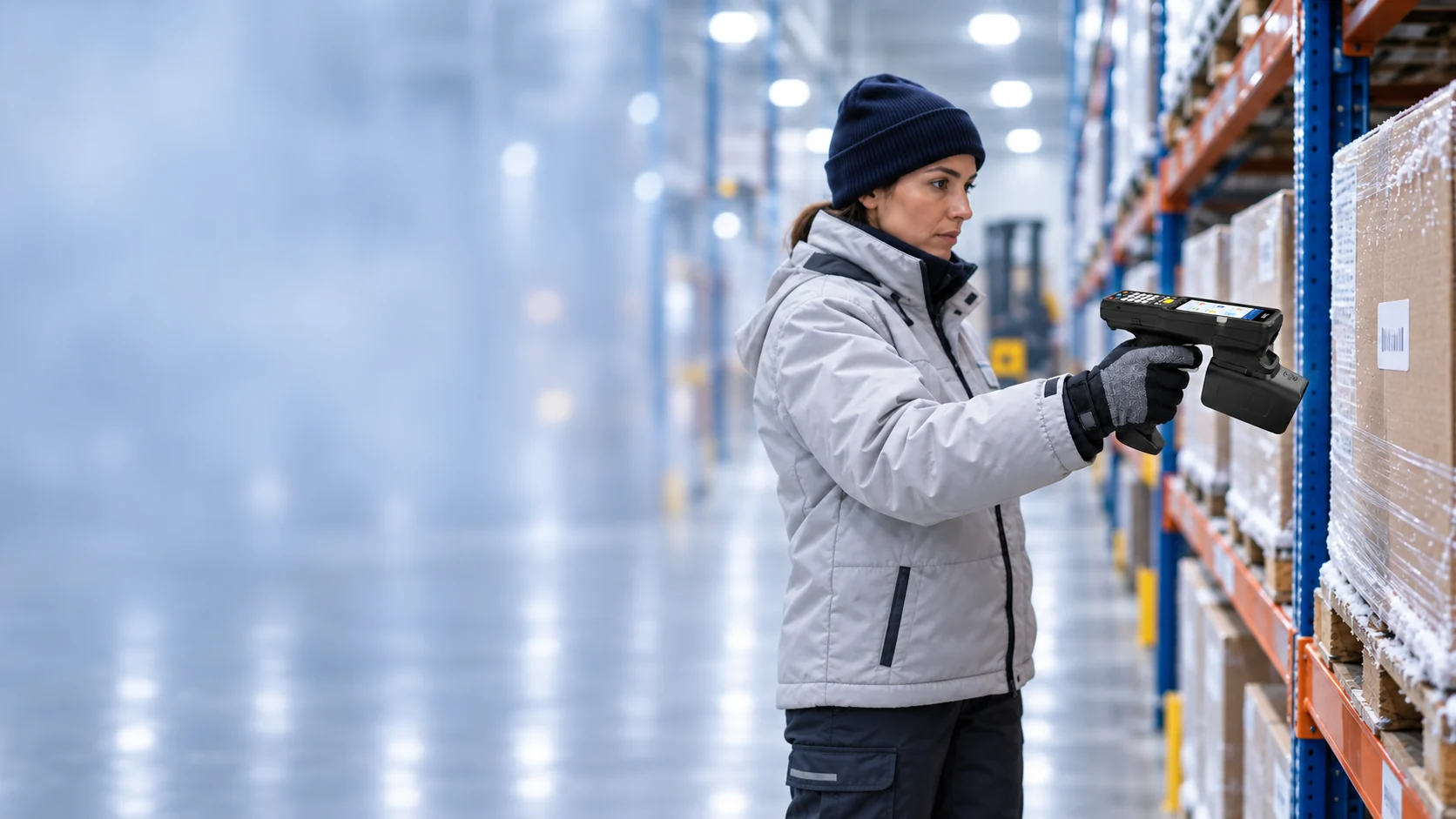 Worker aiming an integrated RFID mobile computer at a warehouse carton
