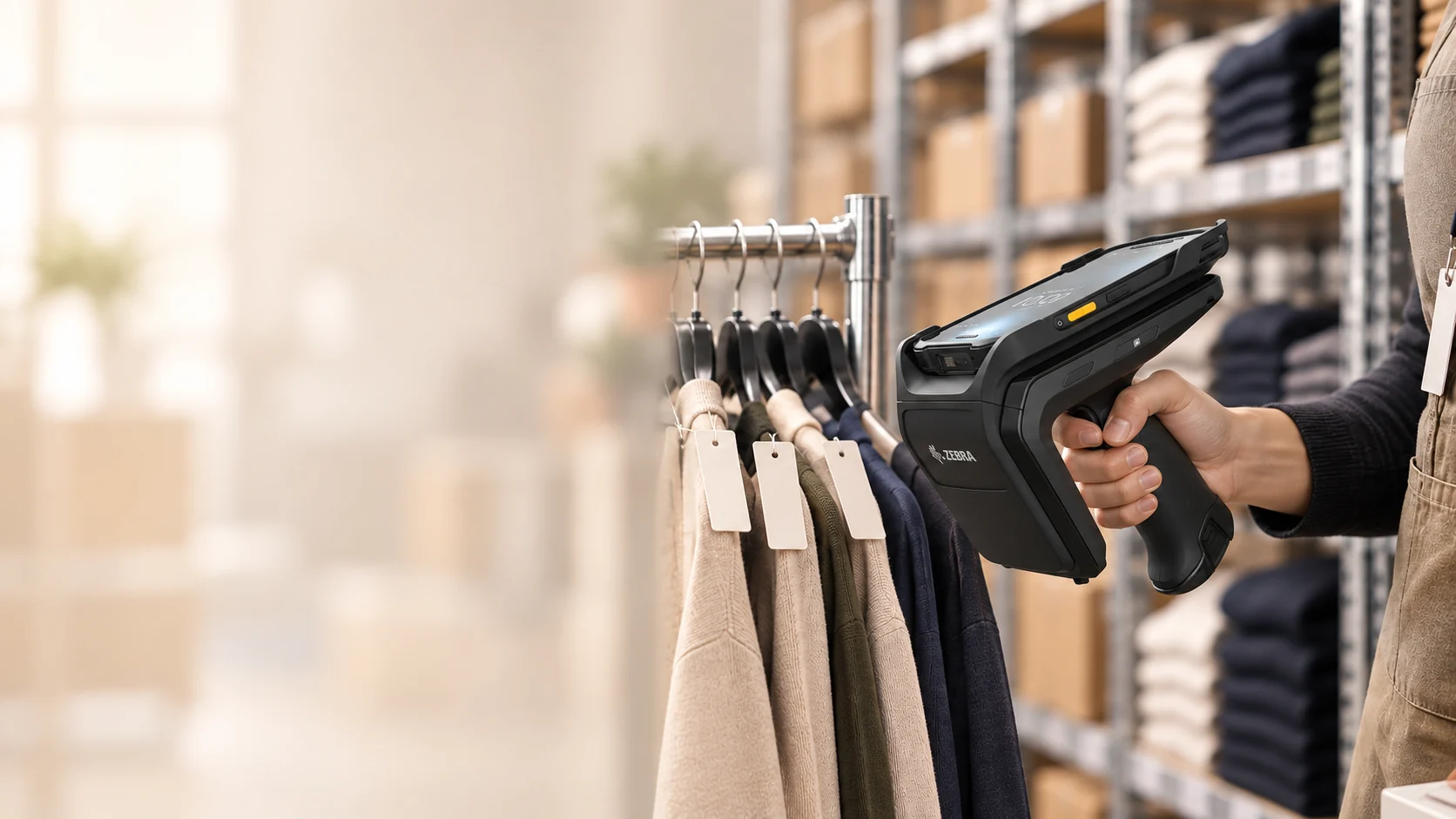 Associate holding an RFID sled toward tagged garments
