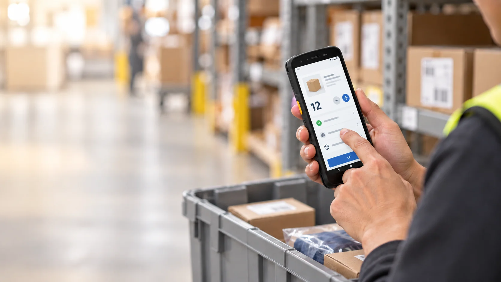 Worker holding a mobile computer and checking stock on its screen