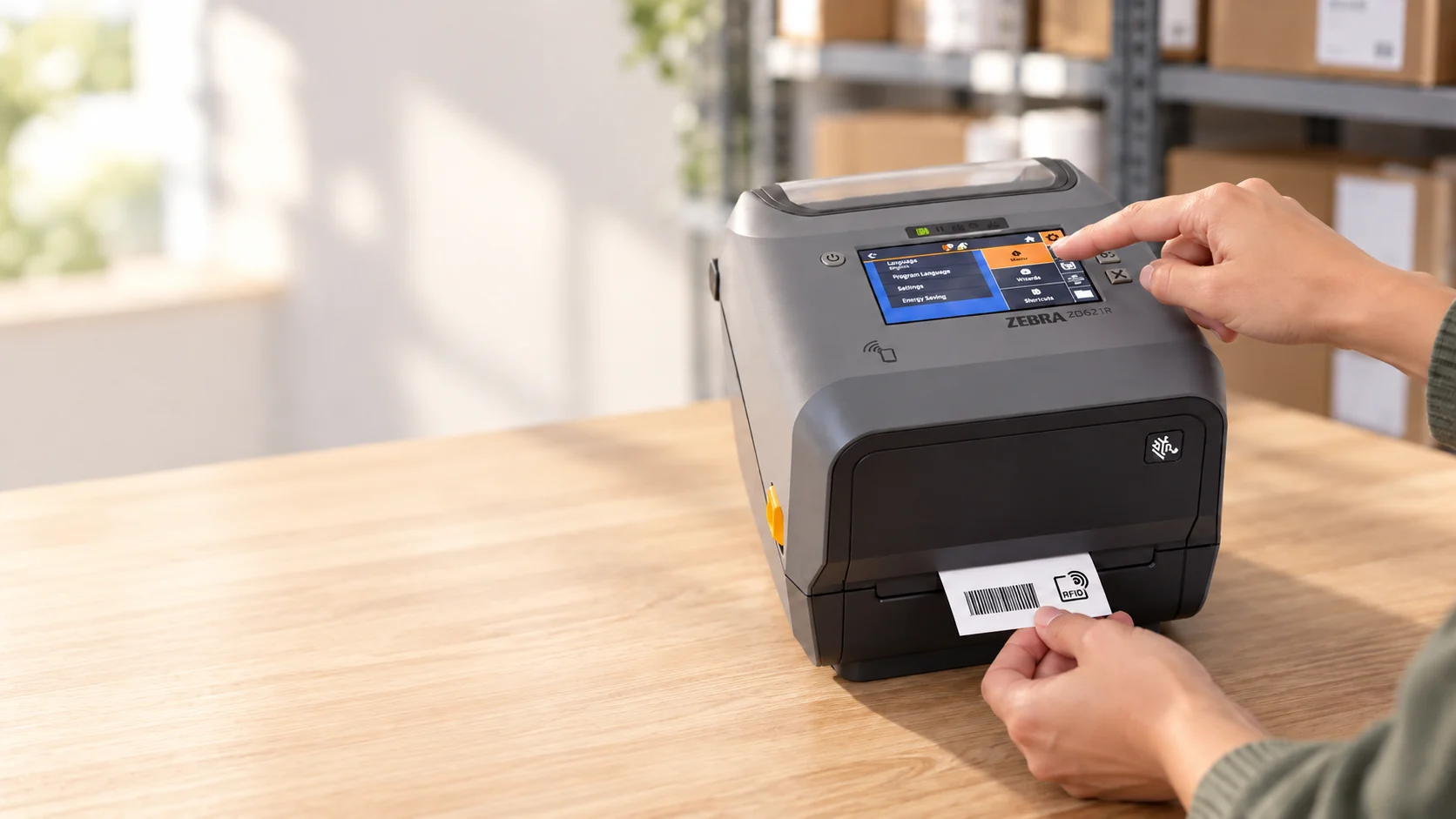 Operator using a desktop RFID printer and taking a printed label