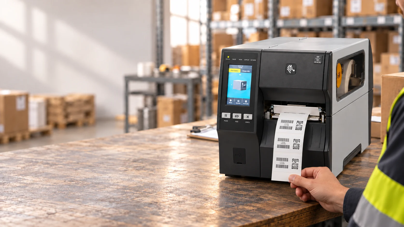 Operator retrieving a printed RFID label from an industrial printer