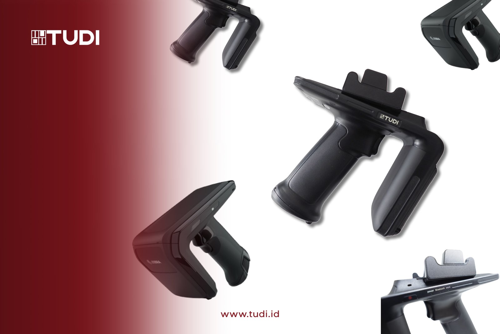 Black handheld RFID scanners on a gradient red background. TUDI logo and website noted. Device details visible, sleek design.