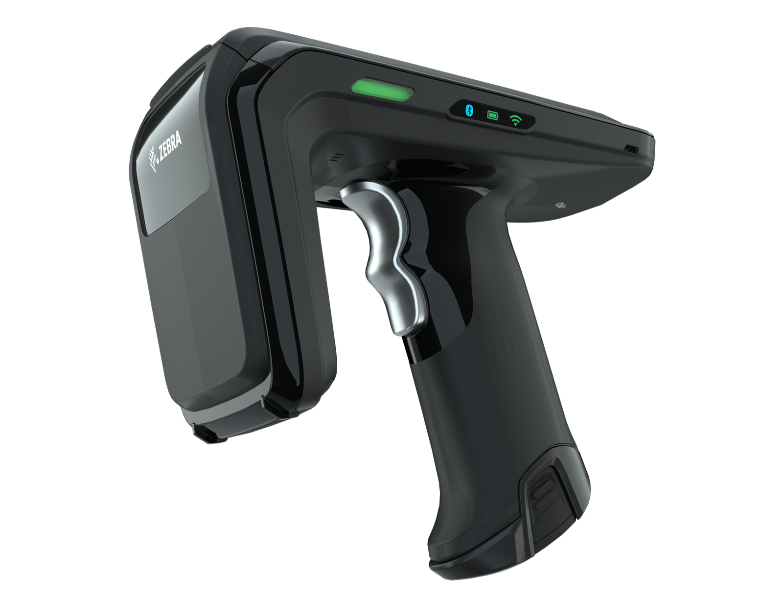 Black barcode scanner labeled "Zebra," with a green indicator light, Bluetooth and Wi-Fi symbols, on a black background.