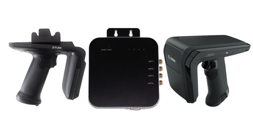 Three black RFID readers, two with handles and one square-shaped unit with antenna ports, on a plain white background.