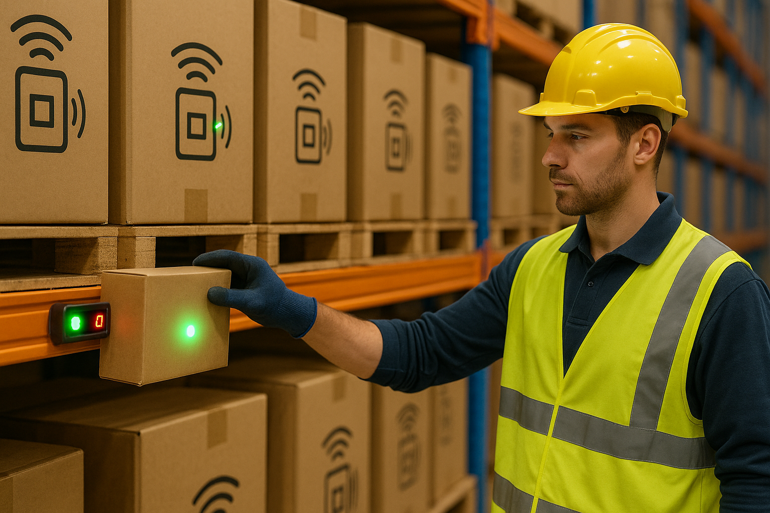 Workers in yellow vests are scanning assets in a warehouse, using a sophisticated tool that lights up green.