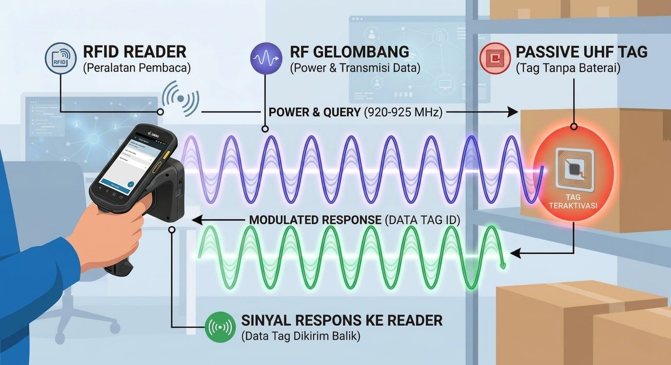 Ilustrasi pembaca RFID memindai tag UHF pasif; menampilkan gelombang RF biru dan hijau, teks, dan latar belakang gudang.