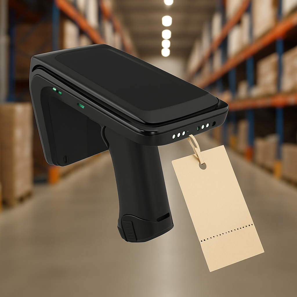 Black handheld device with a beige tag in a warehouse aisle. Shelves with boxes and bright lights line the blurred background.