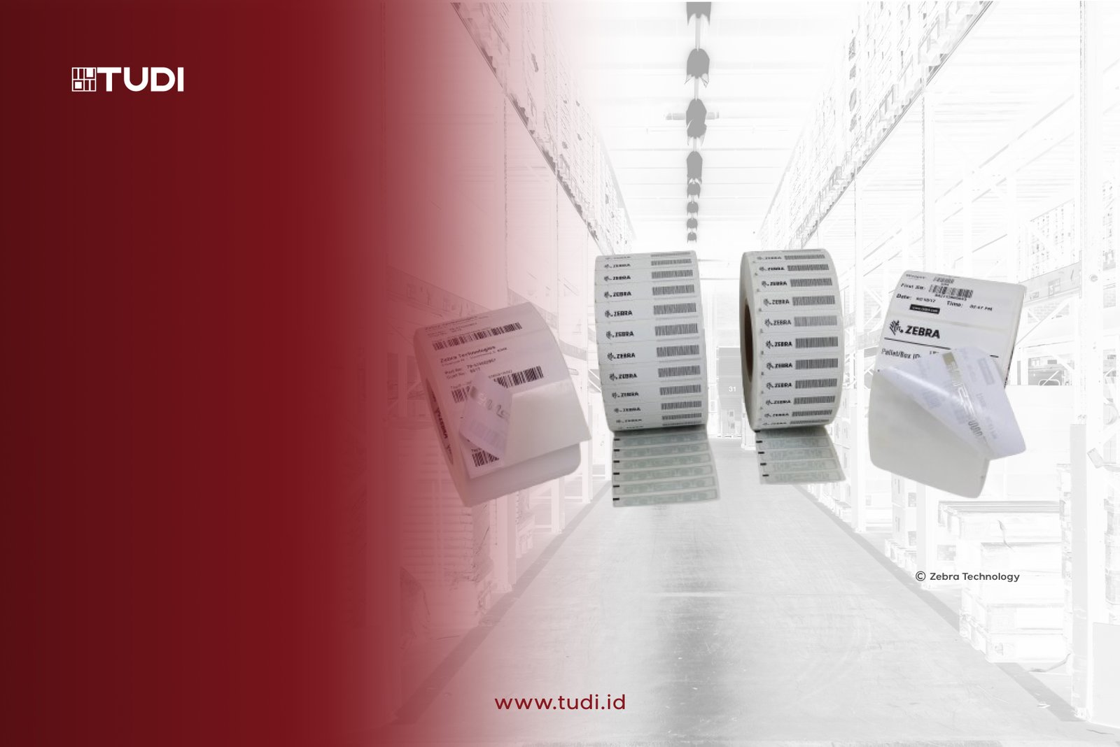Label rolls hover over a blurred warehouse background. Red gradient with "TUDI" and "www.tudi.id" text. Multipe "Zebra" logos visible.