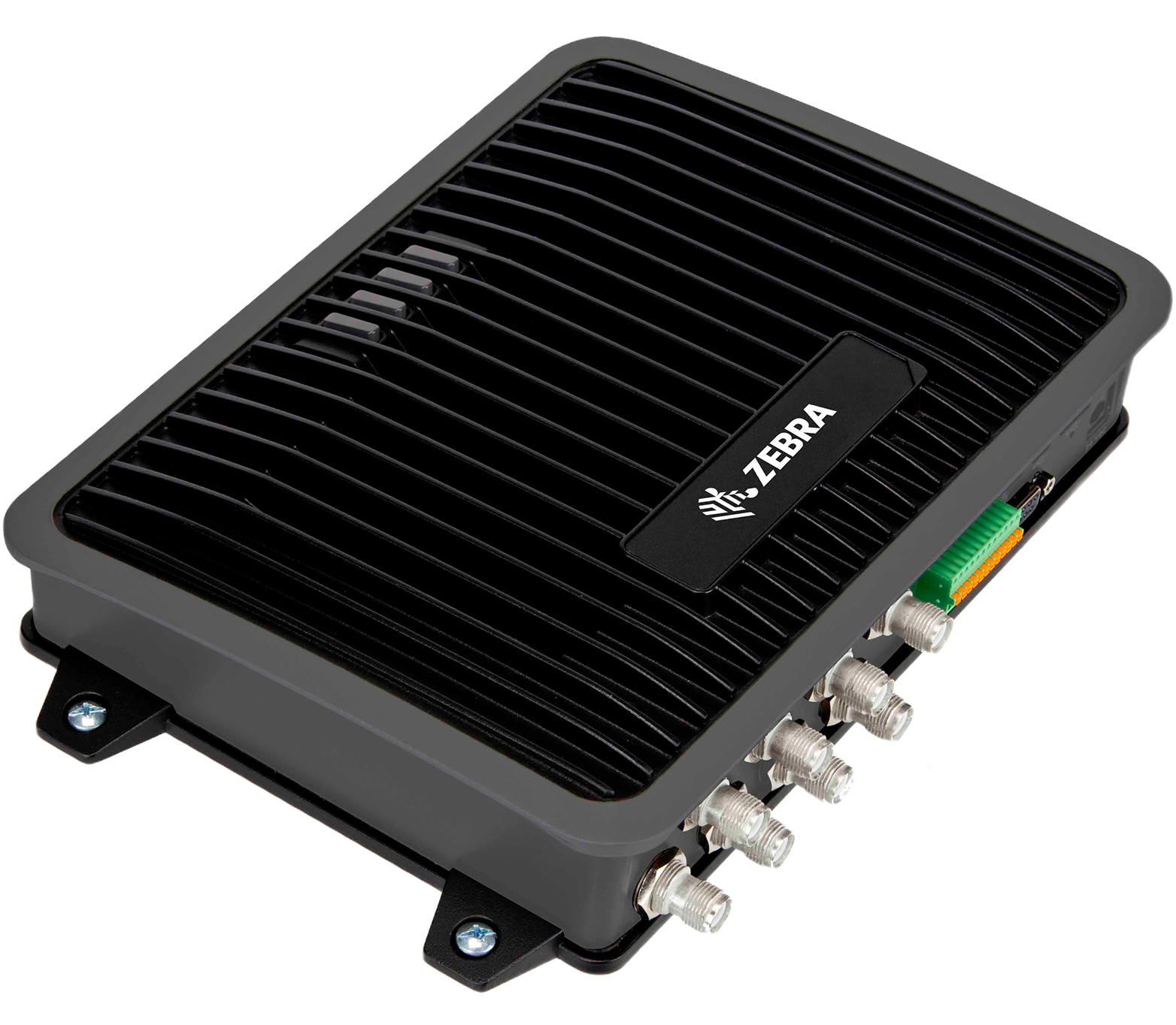 Black rectangular electronic device with fins, labeled "Zebra." It features multiple connection ports on one side, set against a plain backdrop.