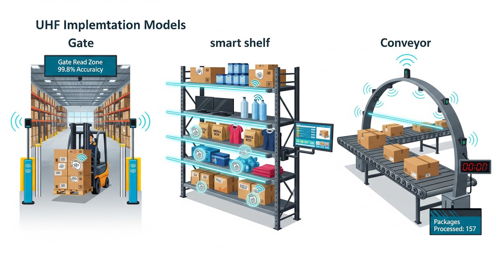 UHF implementation models: gate with forklift, smart shelf with goods, conveyor with boxes. Blue signals and tech screens visible.