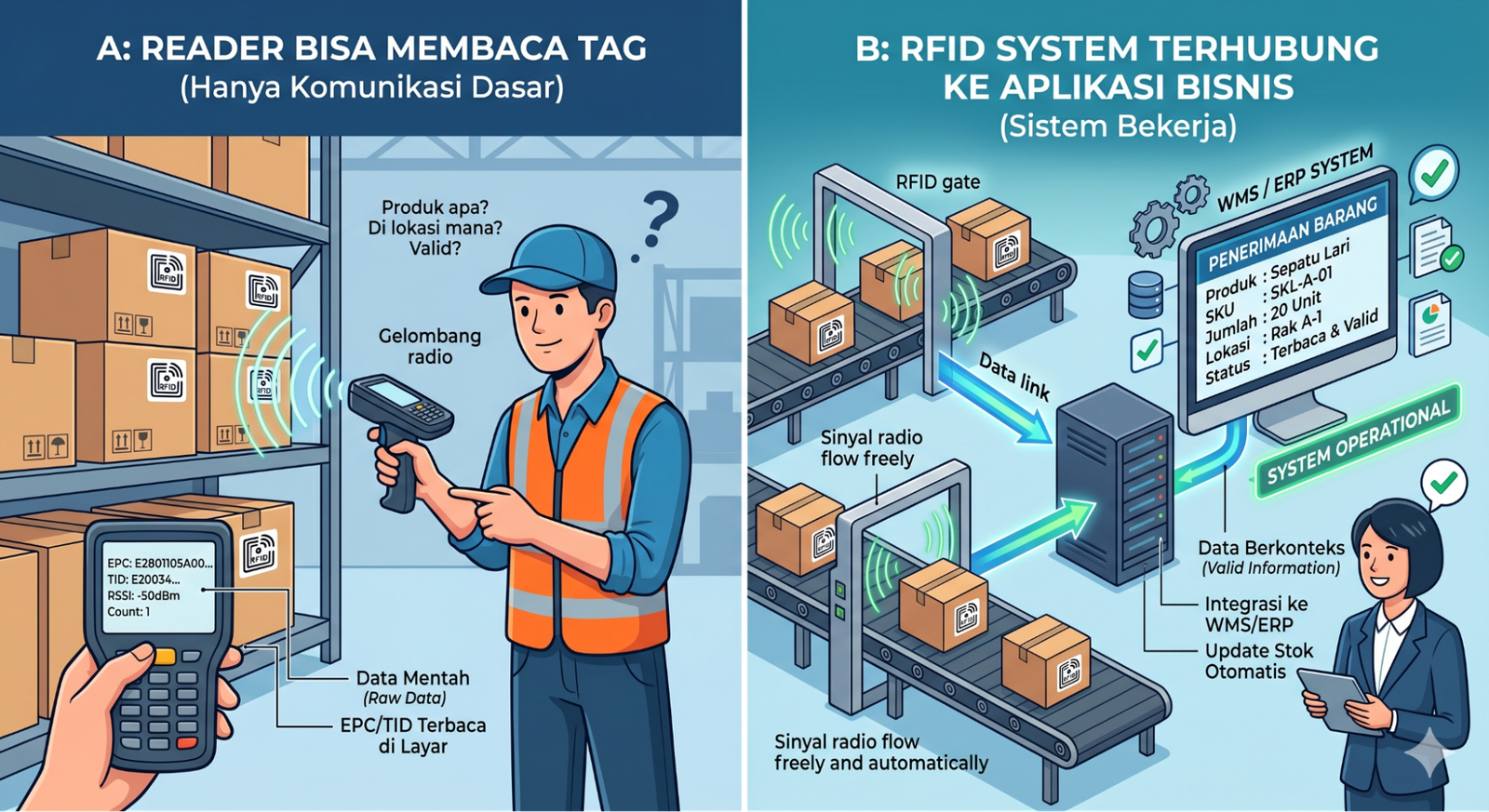 Infografik dua panel: A reader RFID membaca tag di gudang; B RFID terhubung ke WMS/ERP, conveyor, data otomatis.