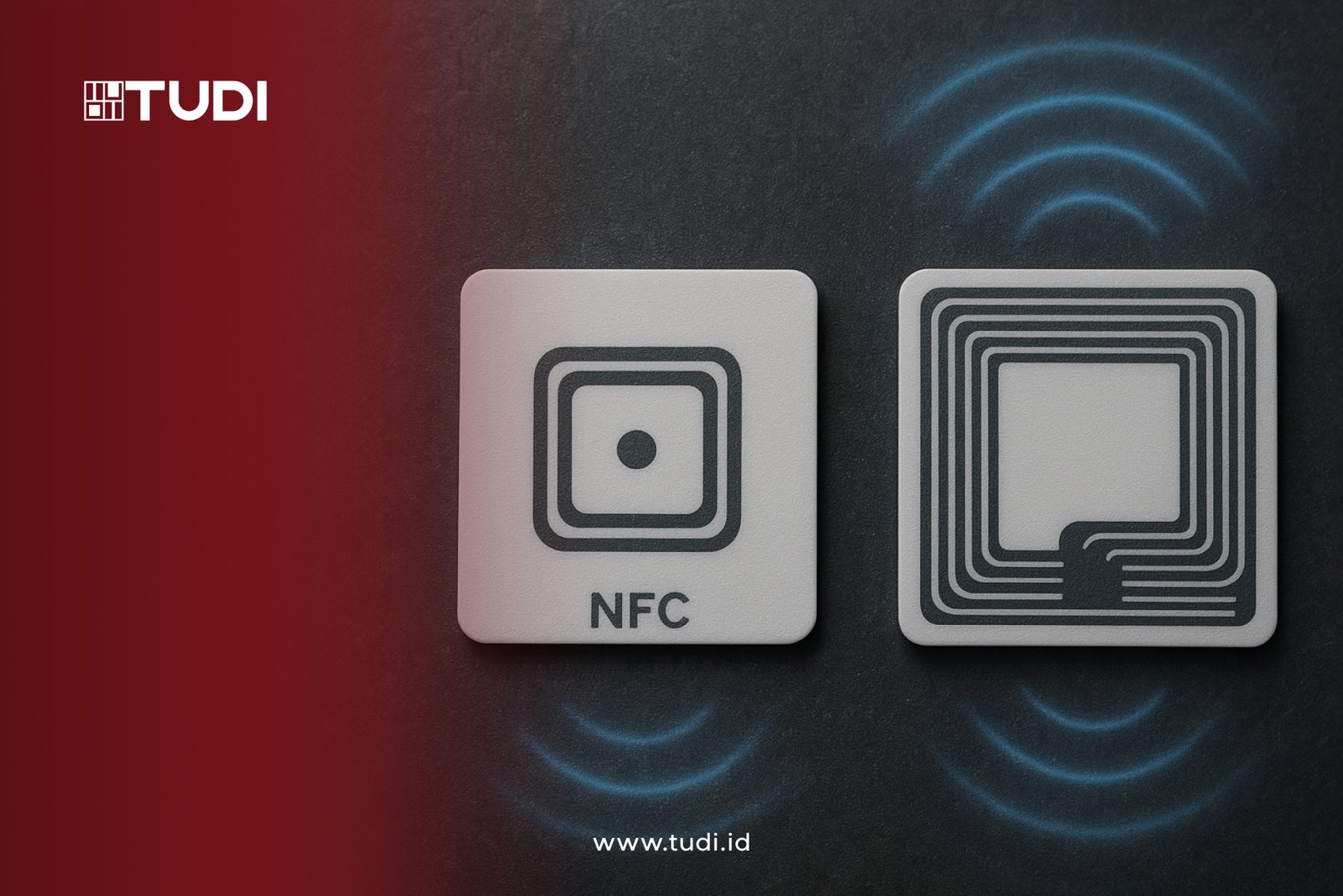 Two NFC chips on a dark background with blue wave signals. "TUDI" logo and "www.tudi.id" text on a red gradient.