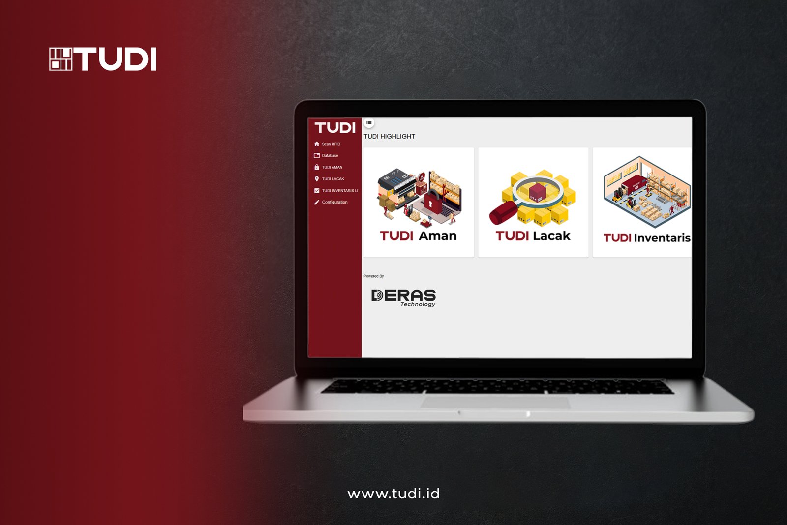Laptop displaying TUDI app interface with red sidebar and icons for Aman, Lacak, Inventaris. Logo and website tudi.id visible.
