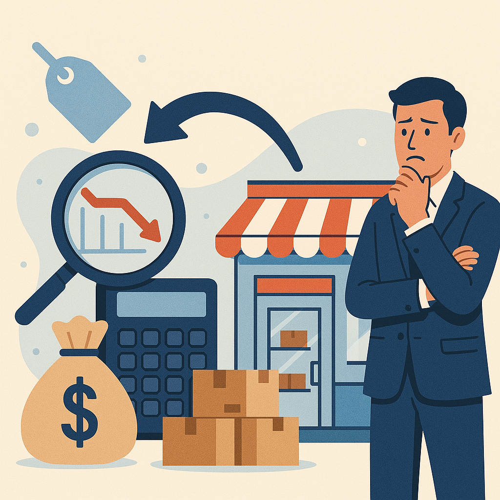 Illustrasi kartun seorang pria sedang mempertimbangkan penyusutan bisnis dengan beberapa dekorasi gambar seperti kaca pembesar (loop) kalkulator dan store pada sisi background seorang pria.
