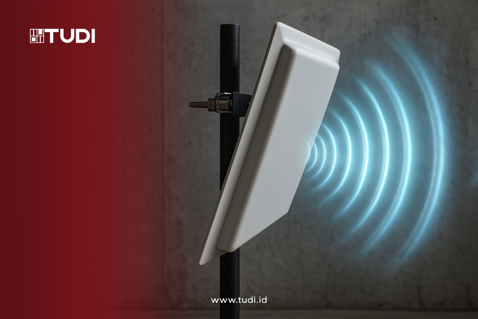 A white RFID antenna emits blue signal waves against a gray background. "TUDI" logo and website www.tudi.id in white on a red gradient.