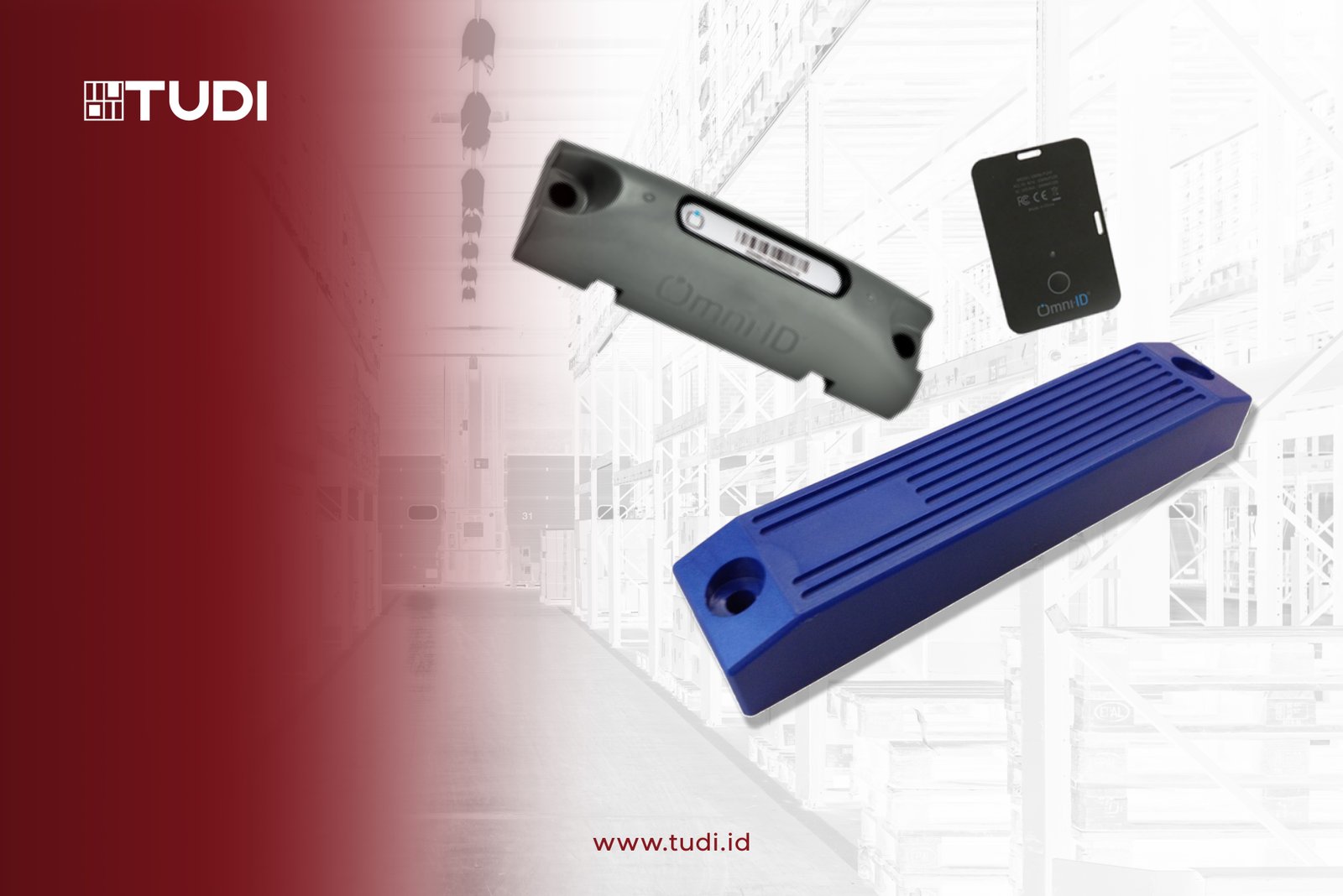 RFID tags displayed over a faded warehouse background. Red gradient on the left with "TUDI" logo. Website text: www.tudi.id.
