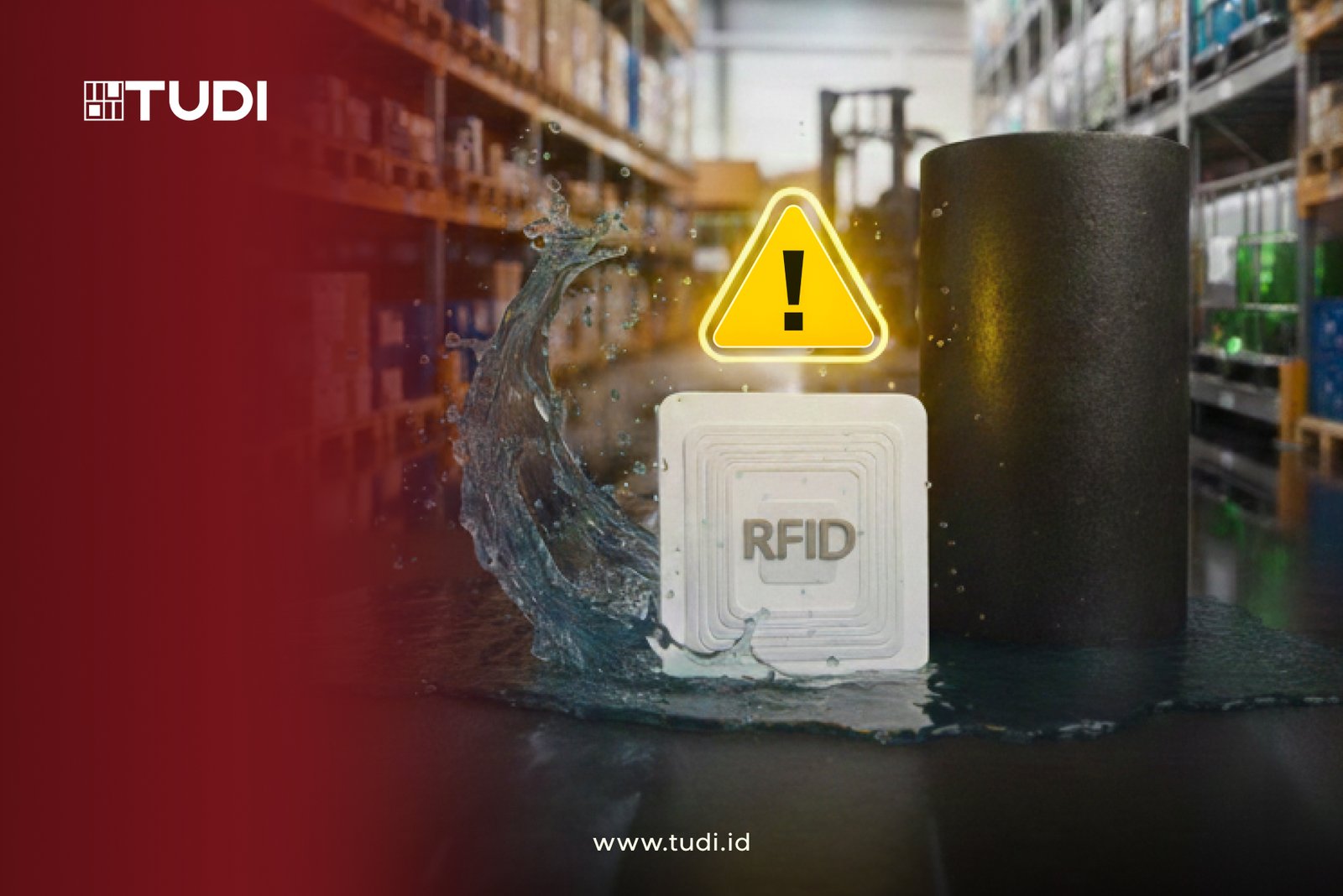 RFID tag and cylinder in warehouse, splash of water, caution symbol. Red and black tones; "www.tudi.id," "TUDI" logo on left.