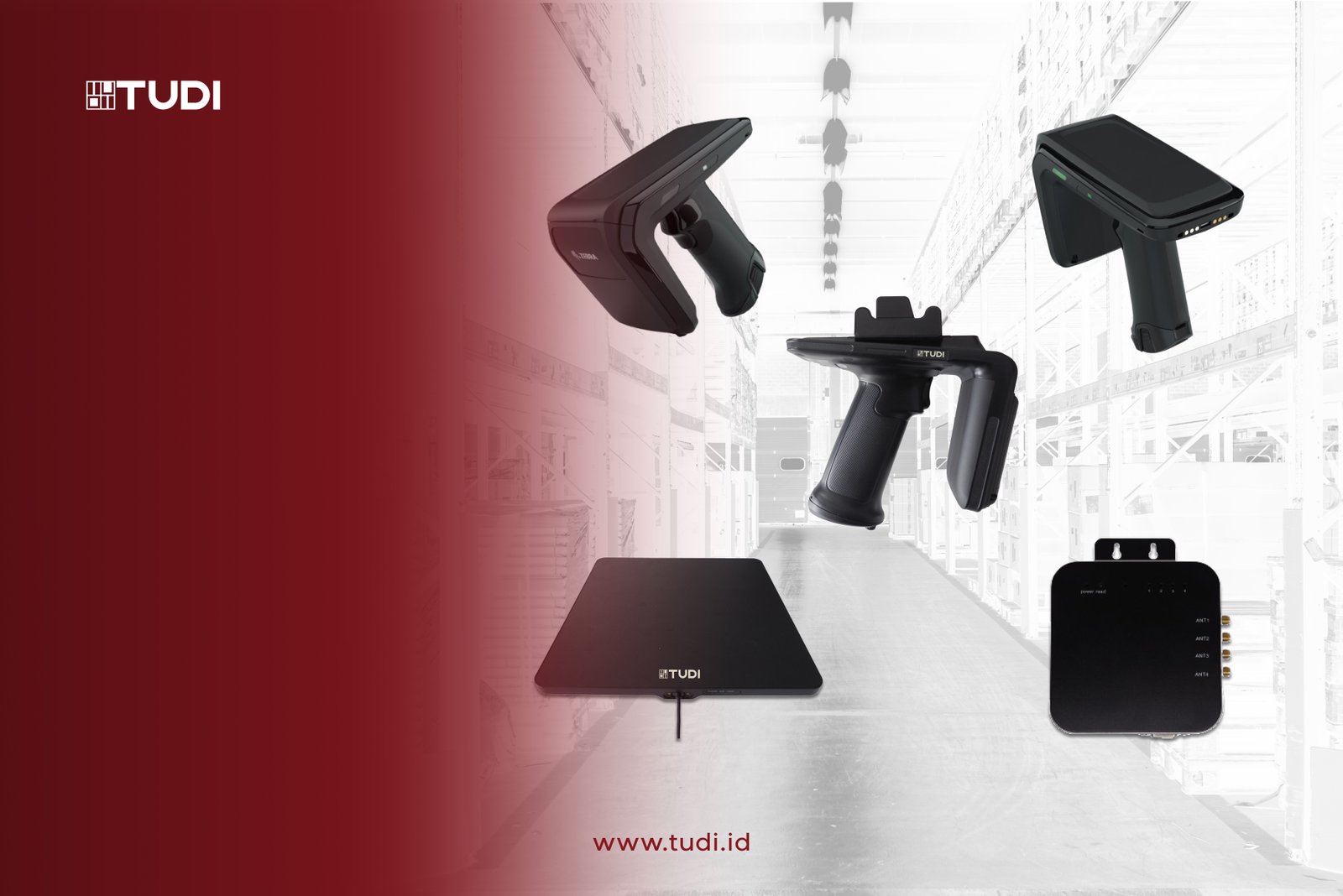 a various of RFID Scanner displayed in a warehouse background with a maroon gradient. Visible text: "TUDI" and "www.tudi.id".