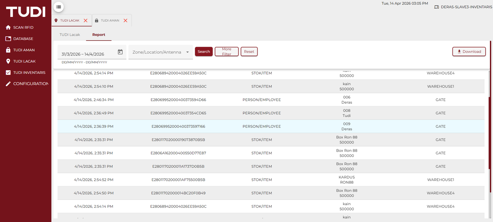 Inventory report interface showing a list of items and employees with timestamps. Red sidebar with menu options, search, and download buttons.