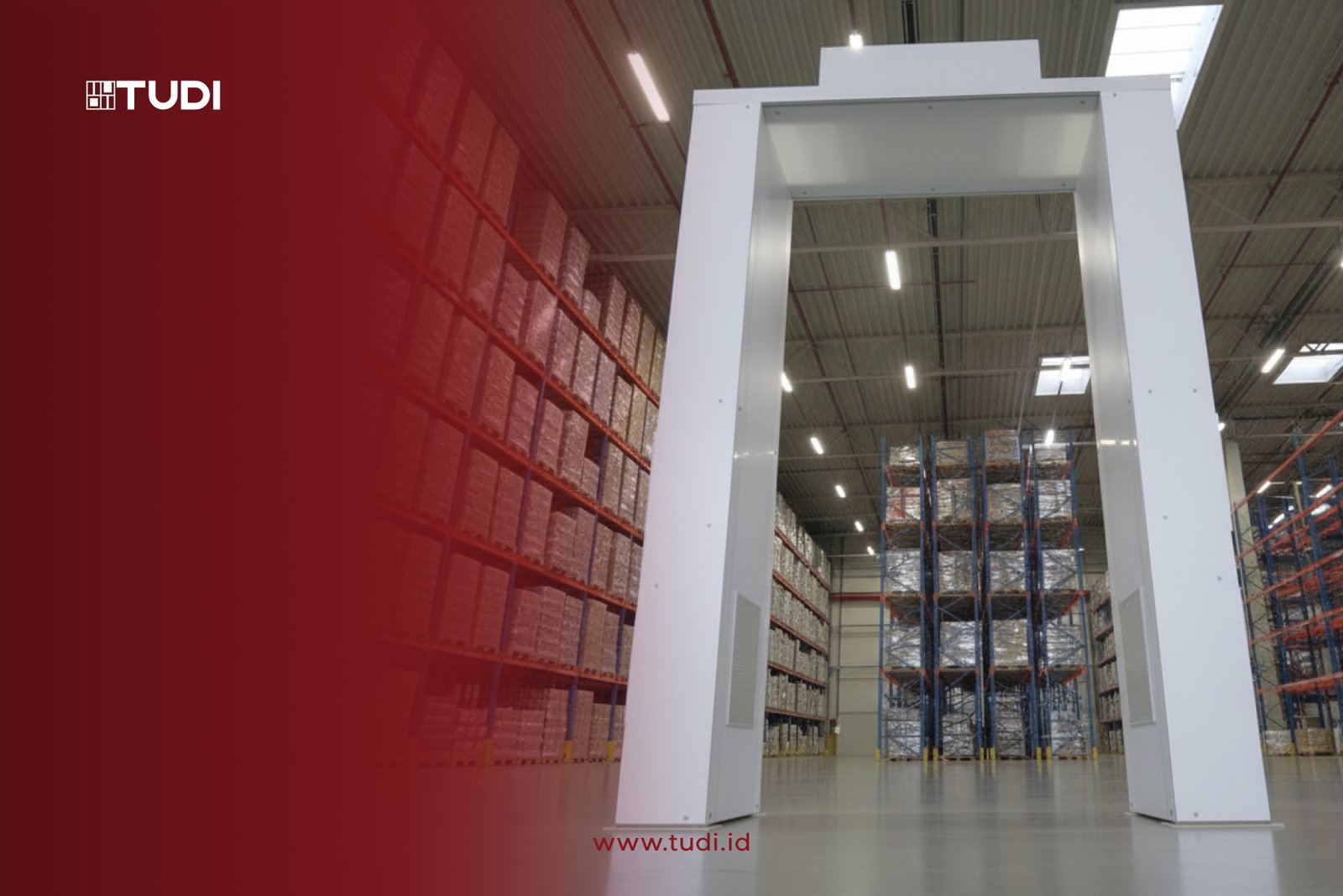 Warehouse interior with tall RFID Gate, shelves stacked with boxes. Red gradient on left. Text: TUDI, www.tudi.id.