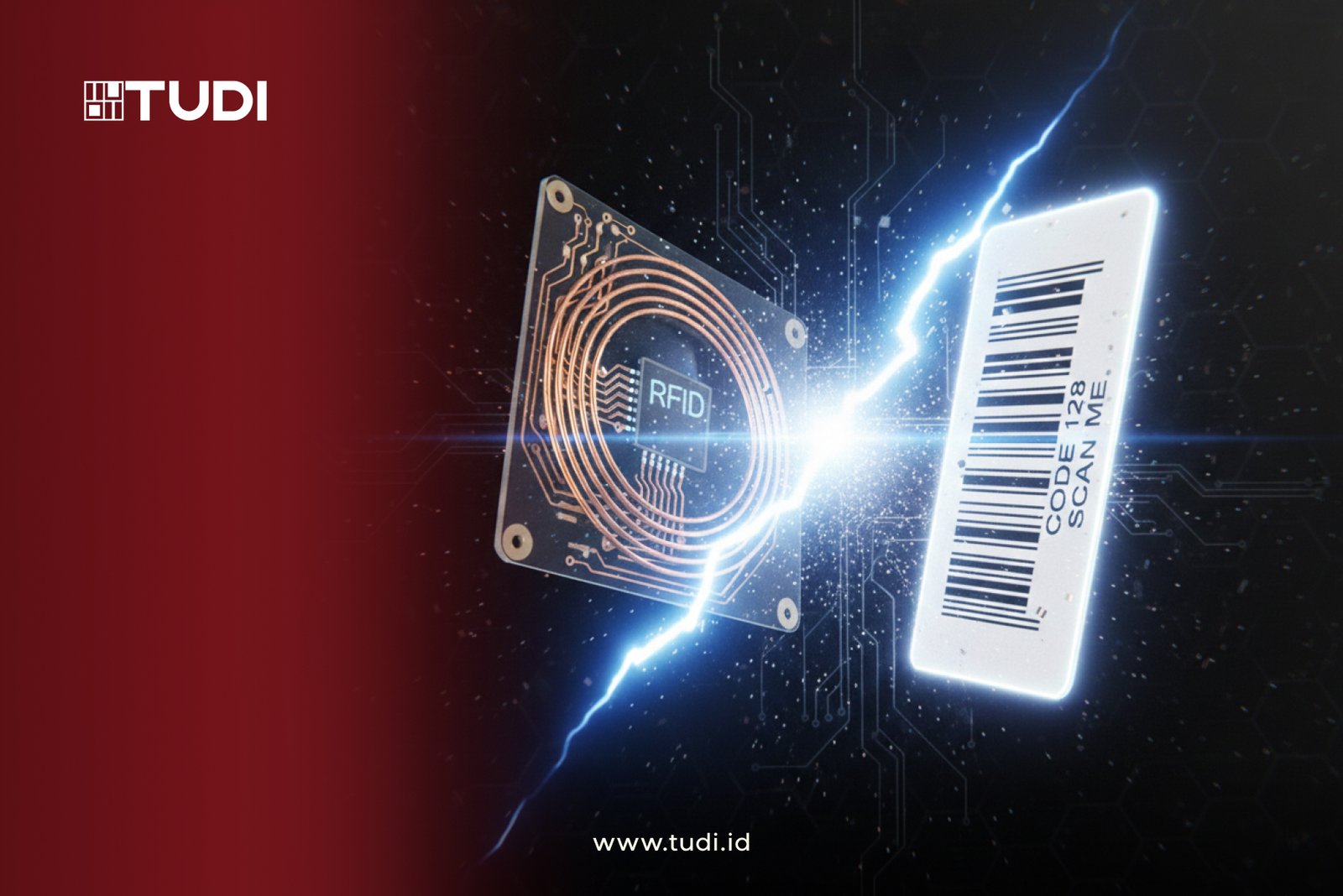 RFID chip and barcode connected by an electric bolt on a dark tech background. Text: "CODE 128 SCAN ME" and website "www.tudi.id".