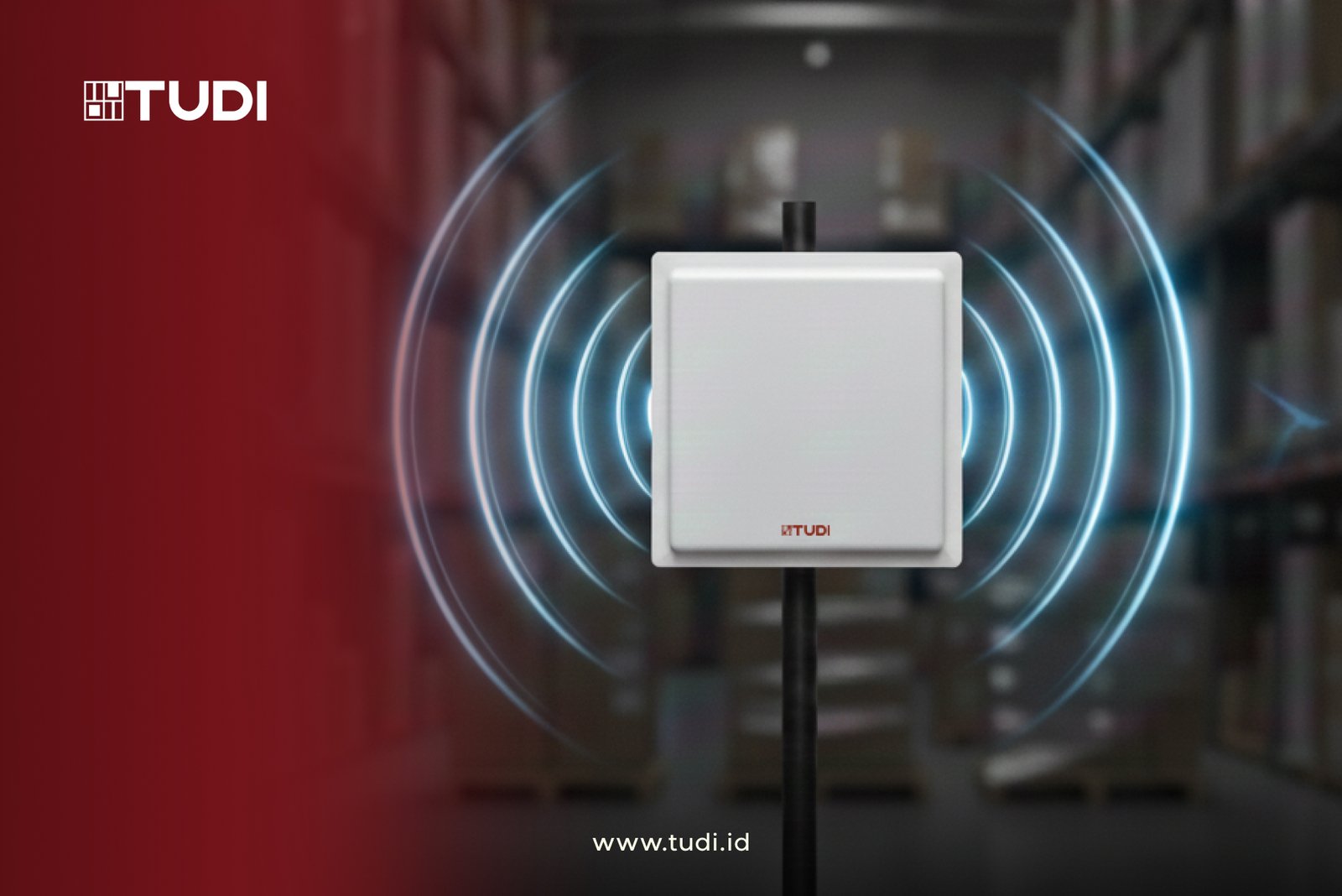 White square device emitting blue waves in a warehouse. Red overlay with "TUDI" logo. URL "www.tudi.id" at bottom. Modern tech vibe.
