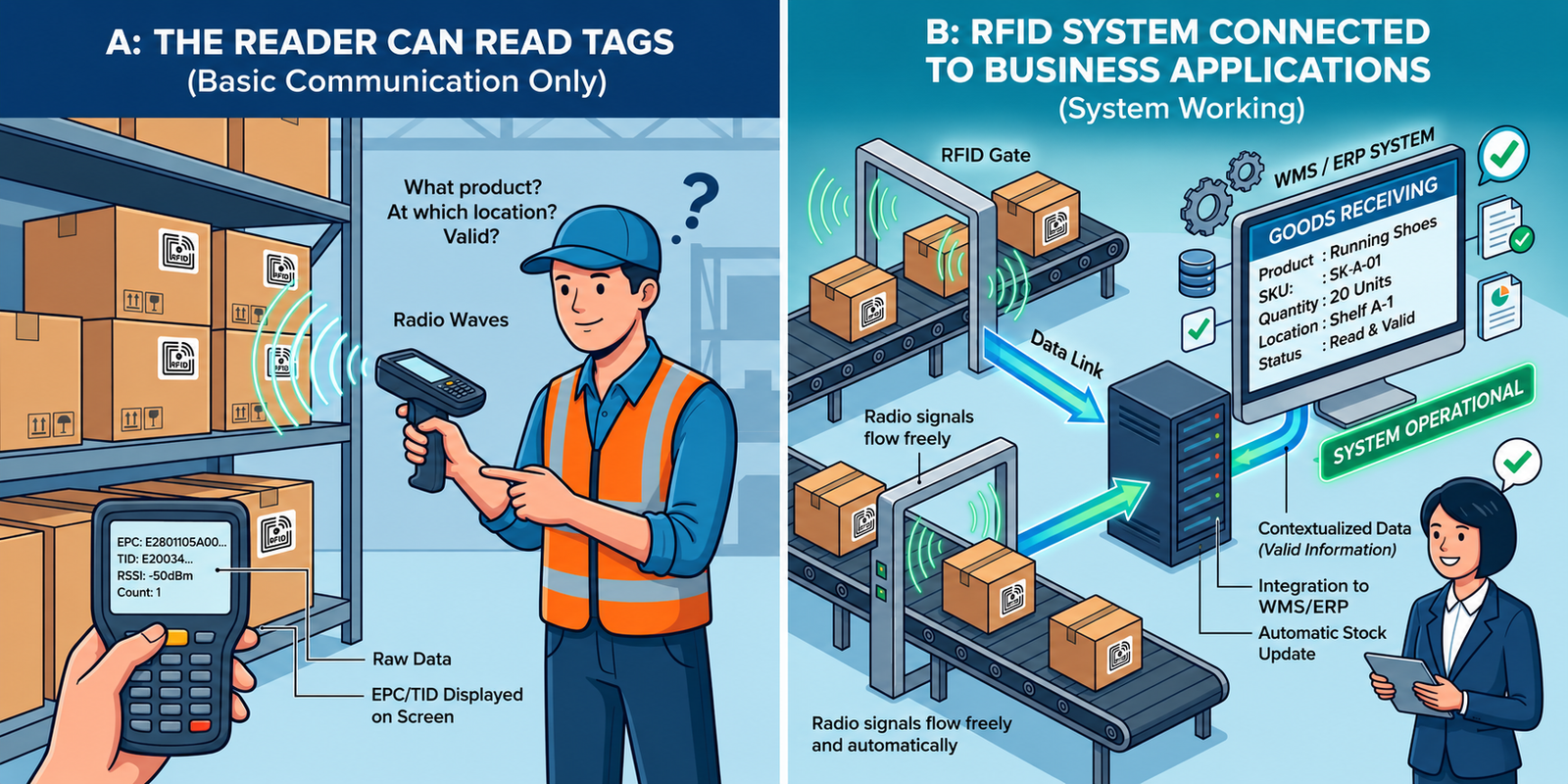 Split RFID infographic: worker scans tagged boxes in a warehouse; right side shows RFID gates feeding WMS/ERP goods receiving.