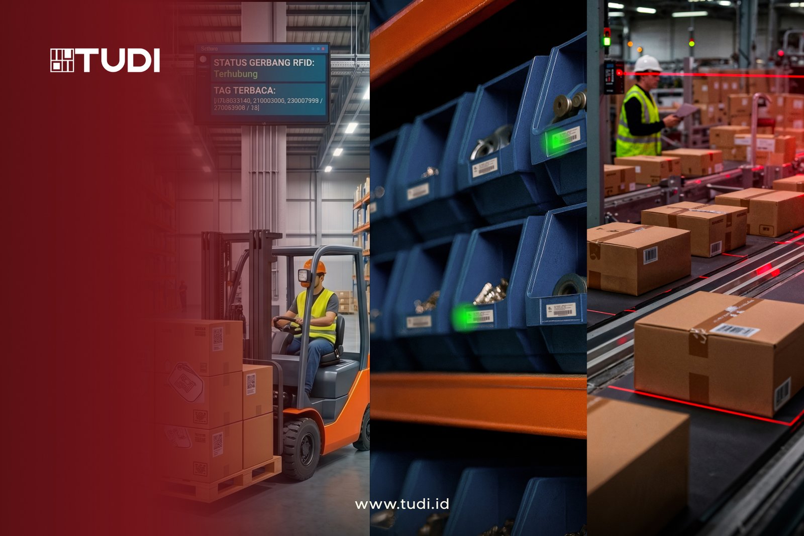 Warehouse scene with worker on forklift moving boxes, RFID status screen, blue bins with parts, and conveyor belt with boxes. TUDI logo shown.