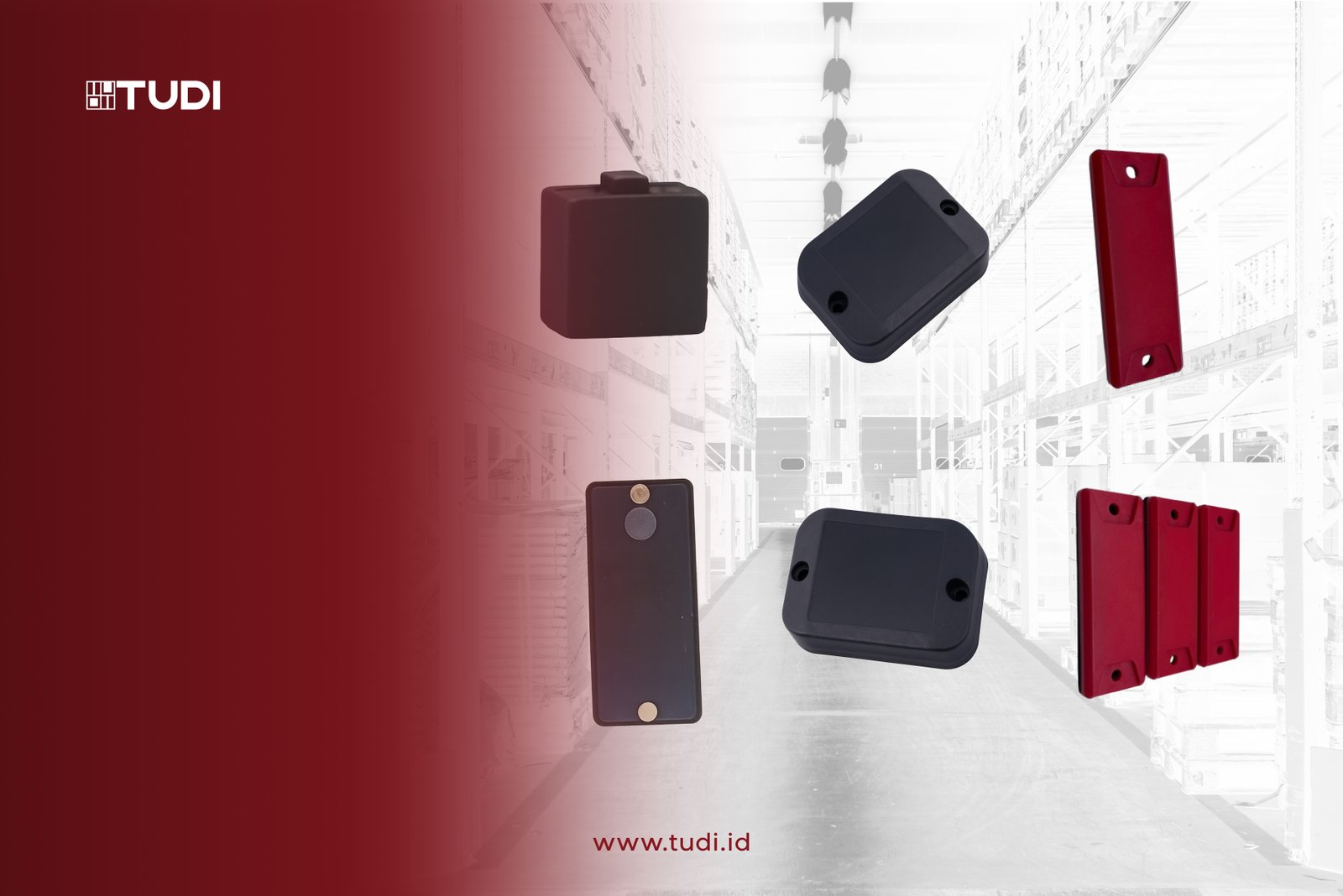 Black and red Hard Tag RFID on a warehouse background. Red gradient on the left with "TUDI" logo. Website text: www.tudi.id.