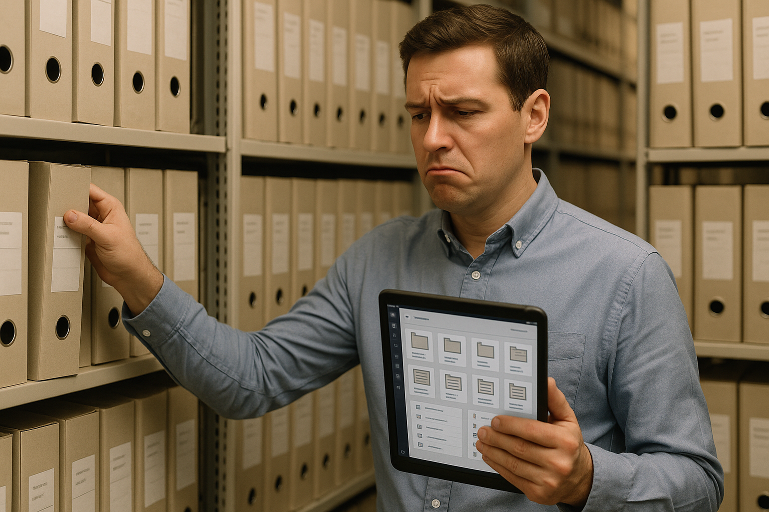 Man in blue shirt holds tablet showing digital files, browses beige file folders on shelves, appears perplexed. Office archive setting.