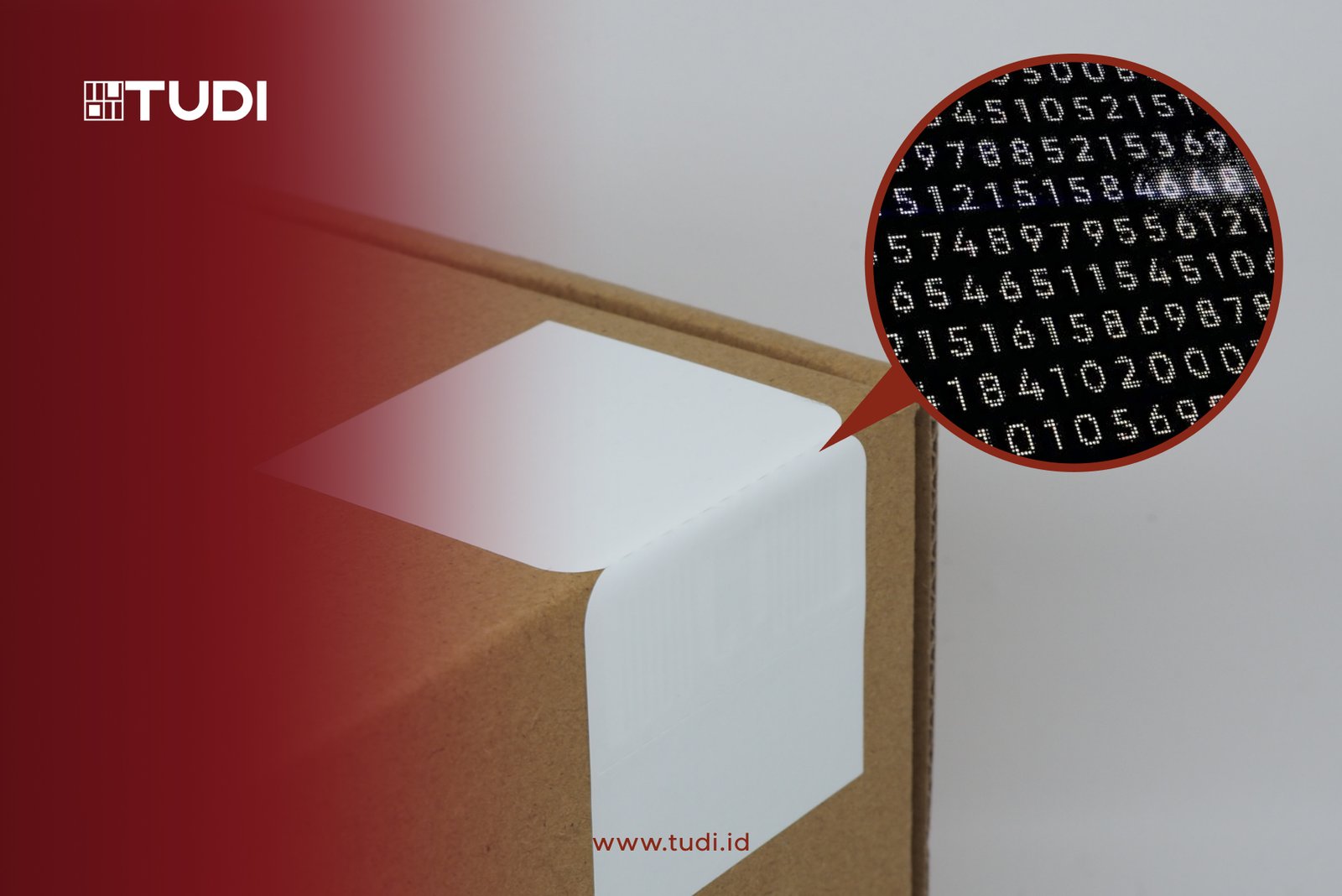 Brown box with white label, magnified view shows binary code. Red gradient and "TUDI" logo on the left. Website tudi.id below.