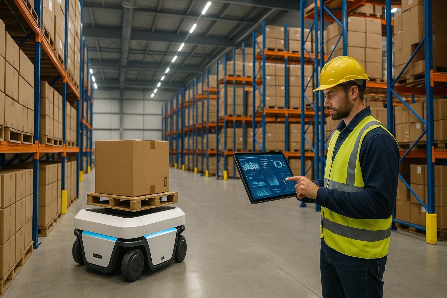 A worker in a yellow vest is doing a stock-take using modern technology in a warehouse.