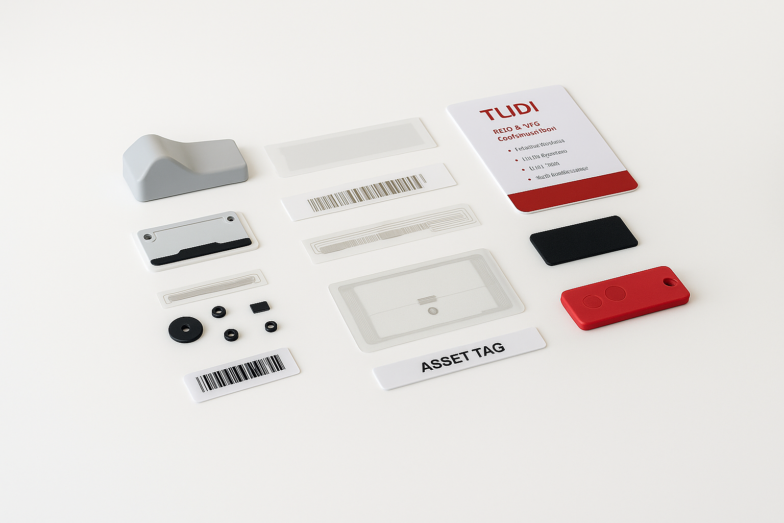 Various RFID tags and components in different shapes and colors, including a red key fob and white asset tag, arranged on a white surface.