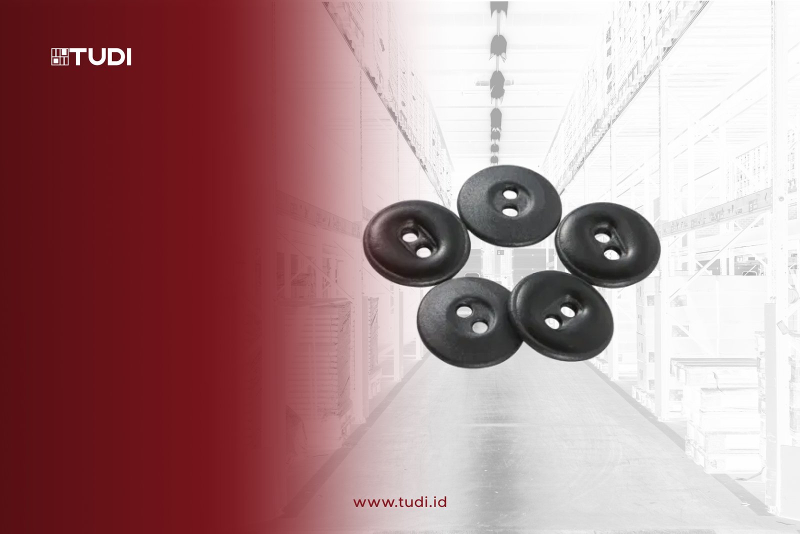 Button RFID tag displayed against a red and warehouse background. Text reads "TUDI" at the top and "www.tudi.id" at the bottom.