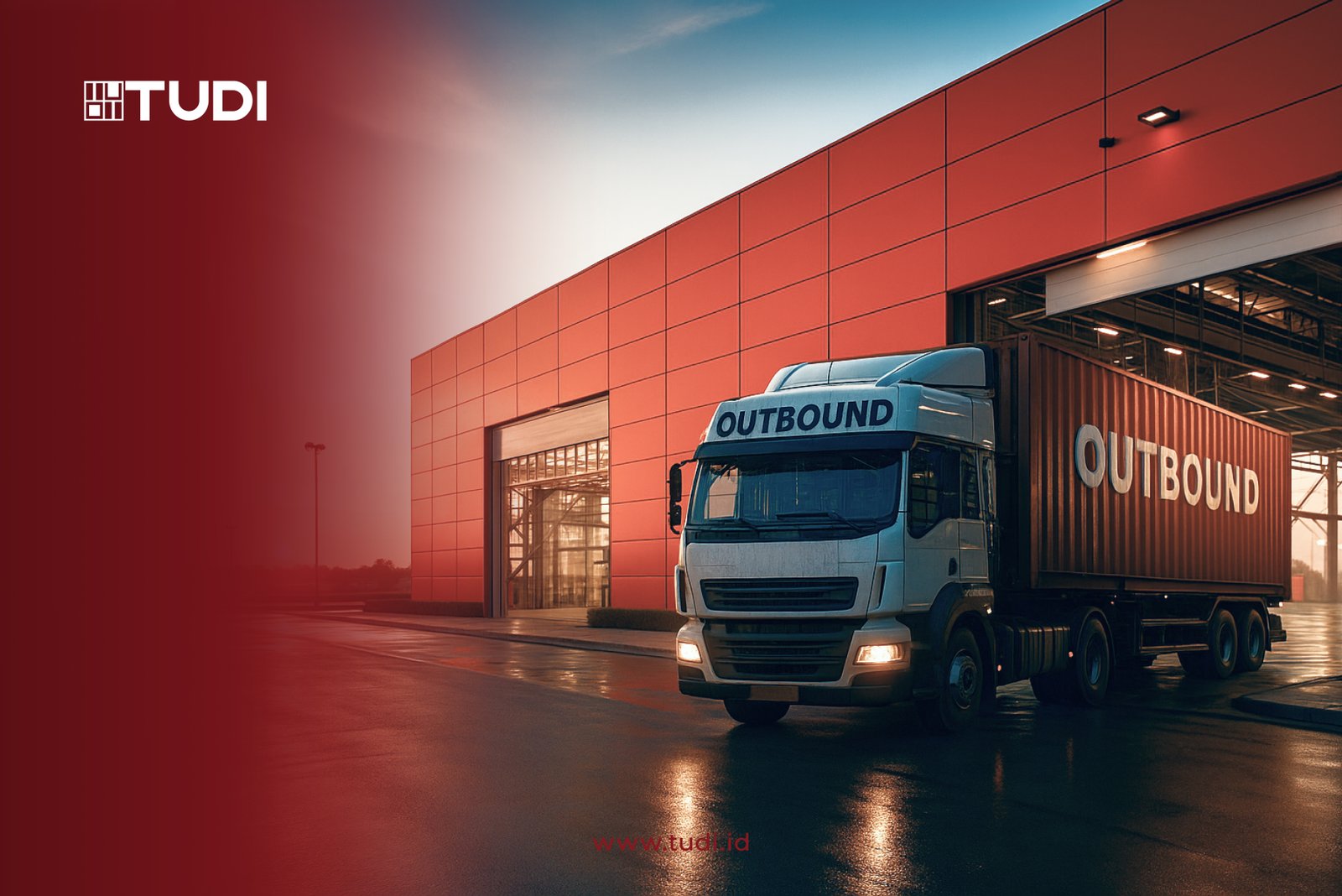 Truck labeled "OUTBOUND" exits a modern red warehouse at dusk. Wet ground reflects lights. TUDI logo and website visible on the left.