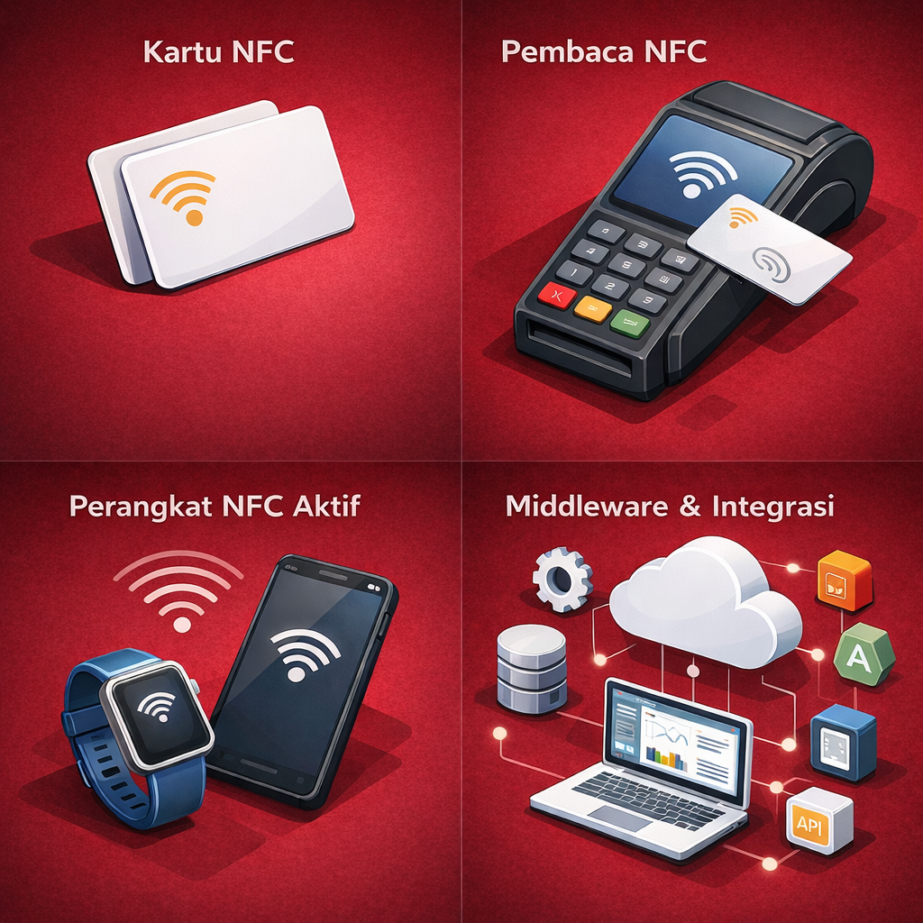 NFC ecosystem: cards stacked, card reader, smartwatch with phone, laptop with cloud and database icons. Red background, tech-focused.
