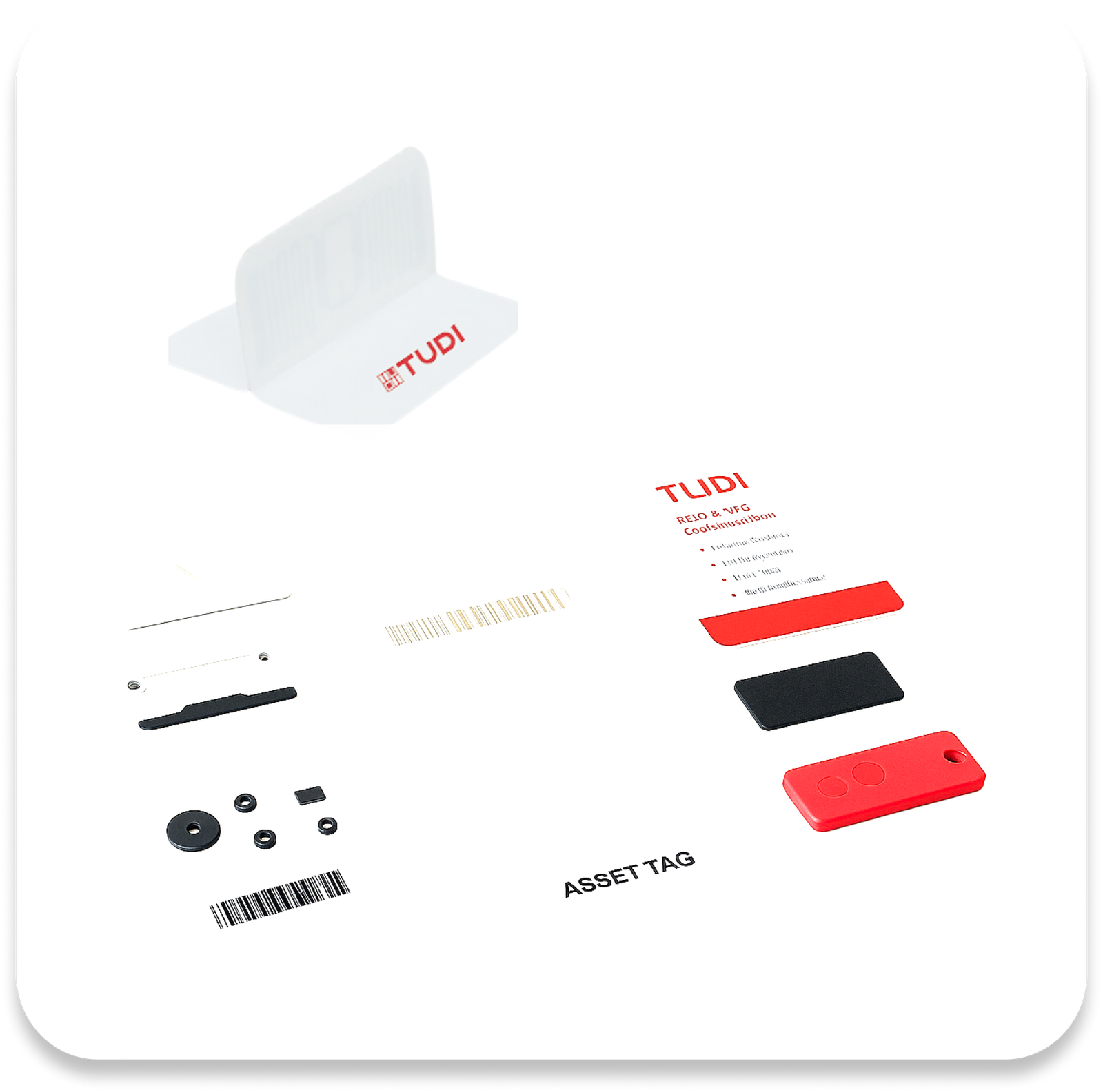Gambar kumpulan RFID Tag mulai dari warna merah hitam dan juga flag tag di paling atas.