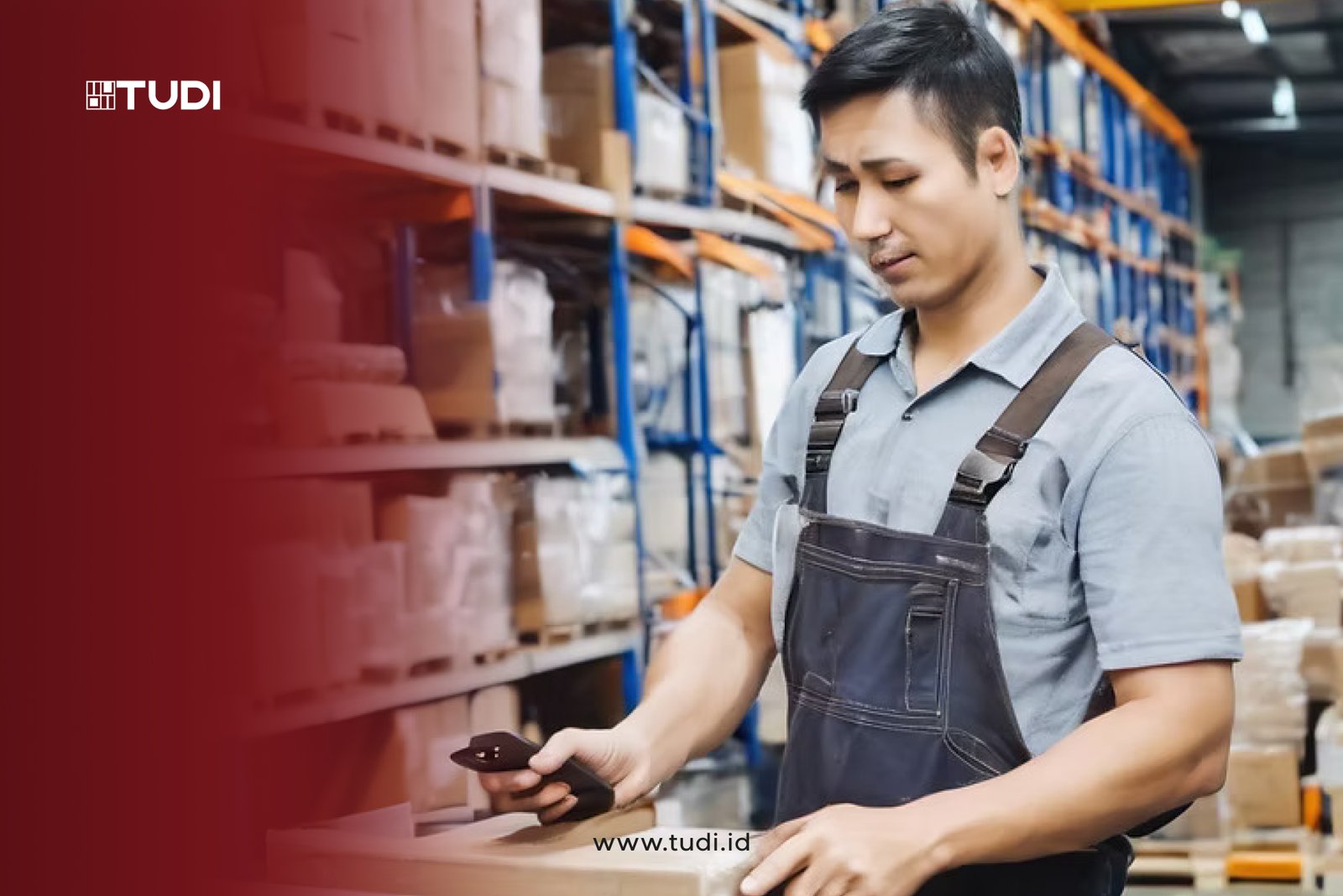 A worker in overalls scans a package in a warehouse. Shelves of boxes in the background.