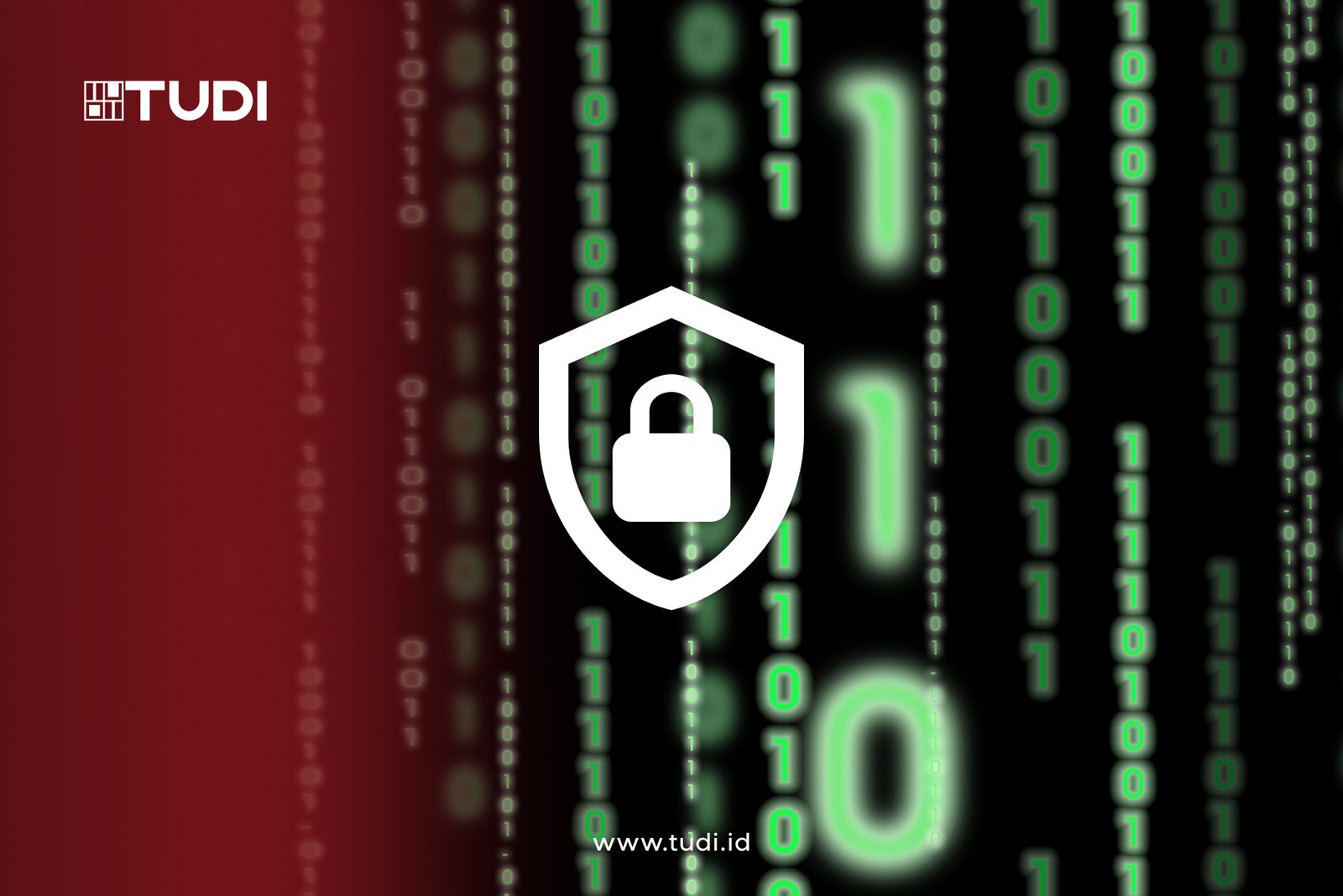 White padlock symbol on digital background of green binary code on black. "TUDI" and "www.tudi.id" text over red gradient. Secure theme.