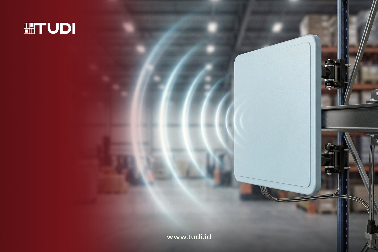 Warehouse interior with a mounted device emitting signals. Red gradient on left with "TUDI" logo. Website text: www.tudi.id.