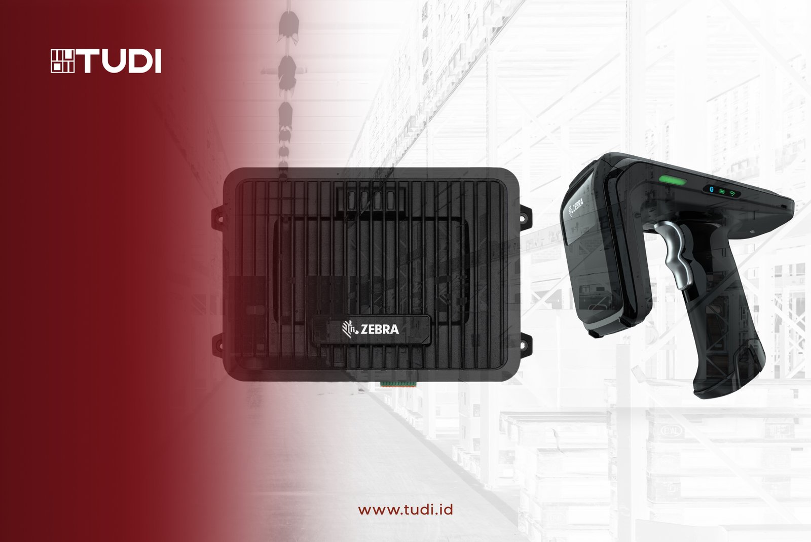 Black Zebra barcode reader on a gradient maroon and white warehouse background. Text: TUDI, www.tudi.id. Mood is professional.
