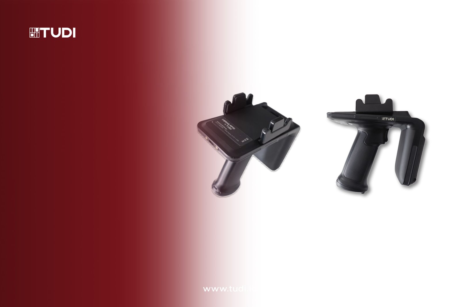 Black handheld RFID scanners on a gradient red and white background. "TUDI" logo and "www.tudi.id" text are visible.