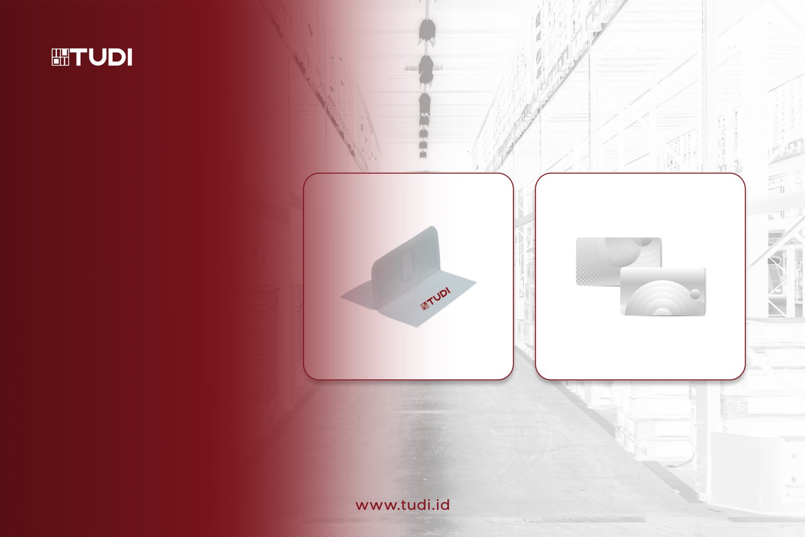 An image of an RFID flag tag placed alongside an NFC card, with the TUDI logo in the top left corner and the link www.tudi.id at the bottom.