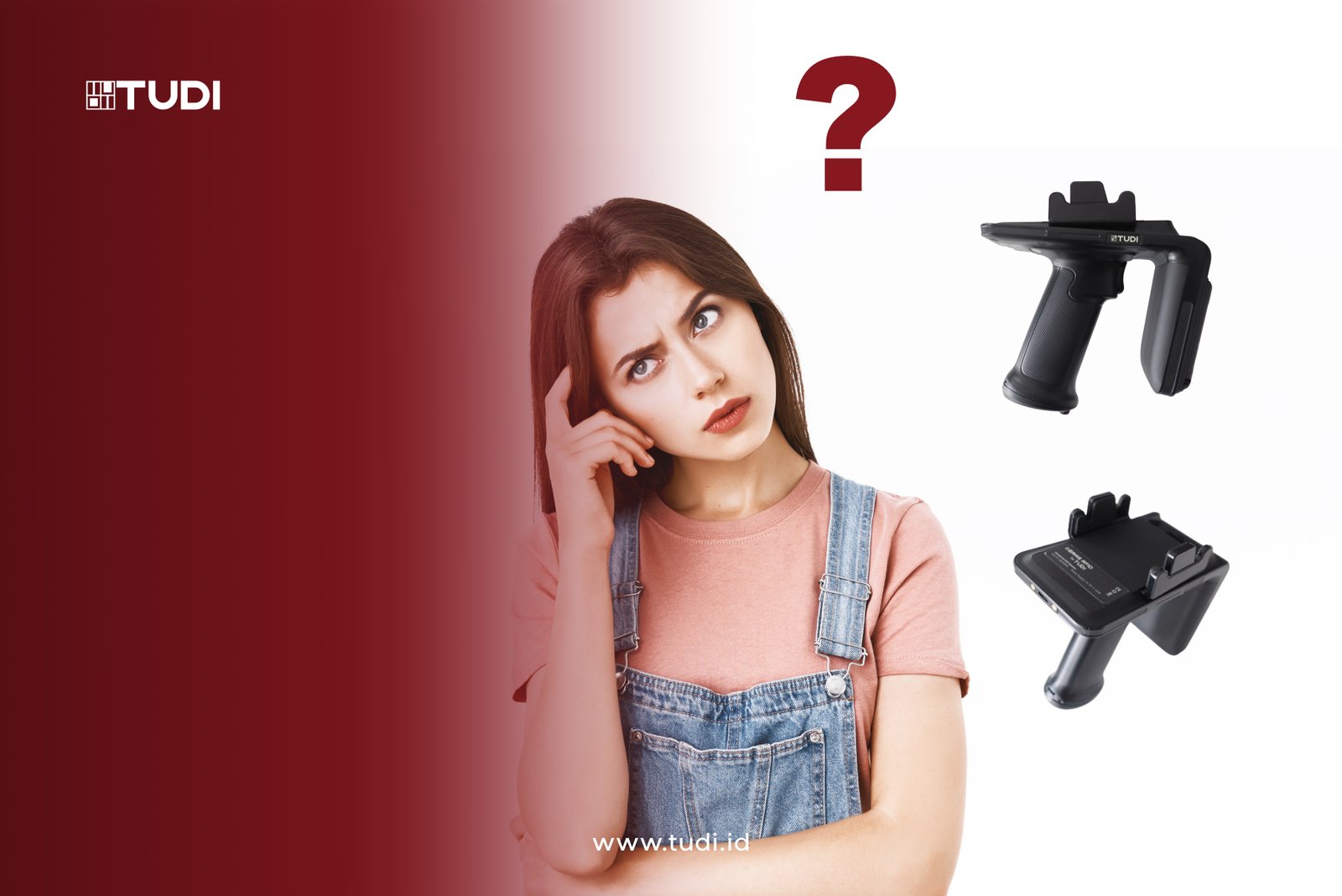 Gambar wanita yang sedang bingung dengan tanda seru diatas kepalanya dan ada 2 handheld RFID dengan gradient warna merah dengan logo tudi di pojok kiri atas
