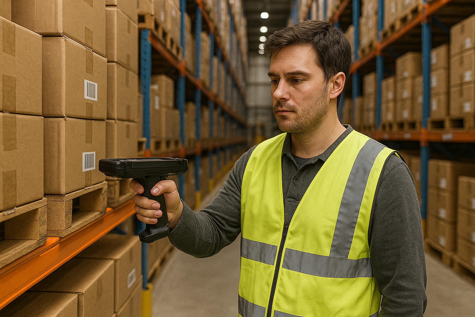 warehouseman do stock opname using handheld rfid
