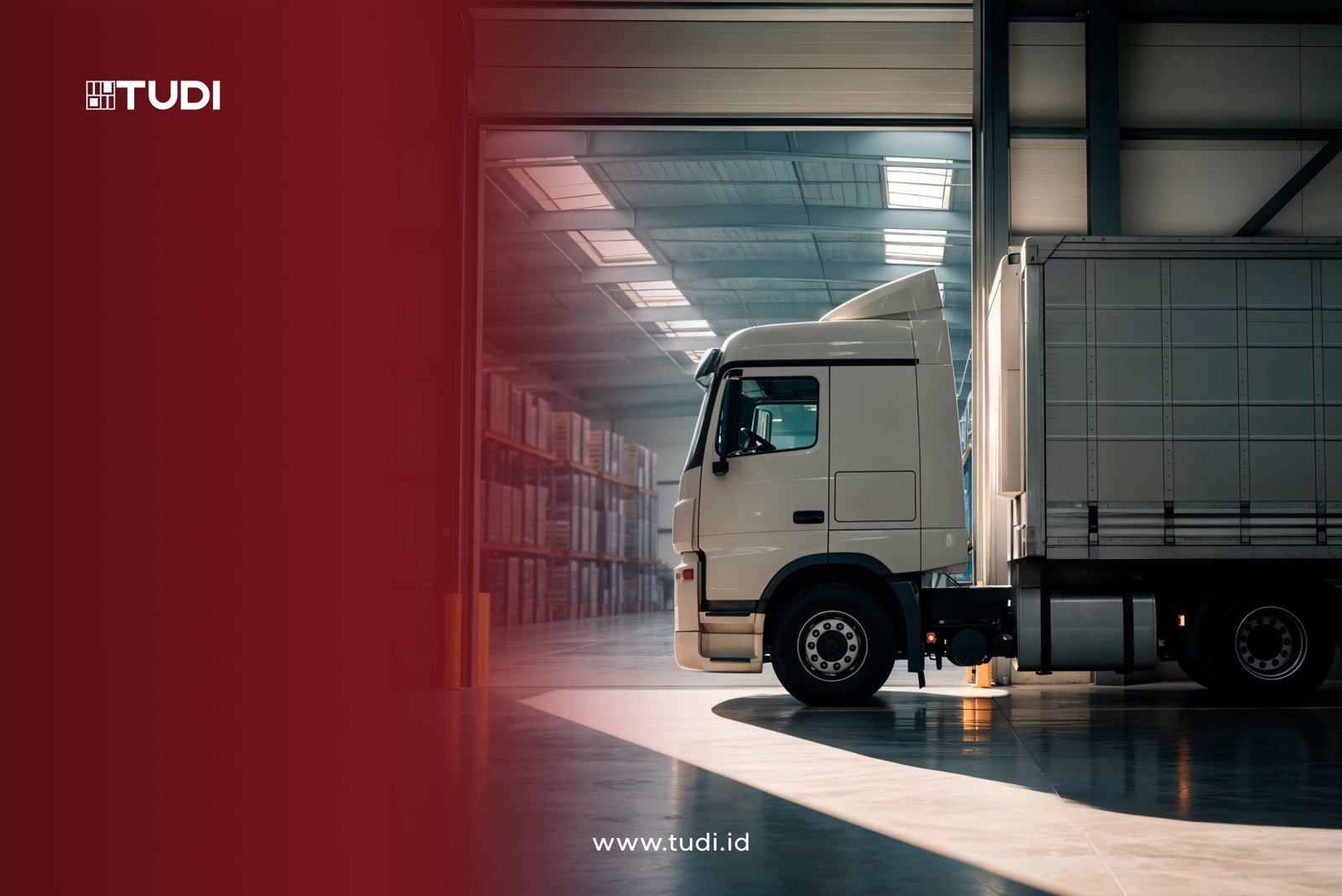 White truck parked in a warehouse with sunlight streaming through. Shelves filled with boxes in the background. Text: "TUDI, www.tudi.id".