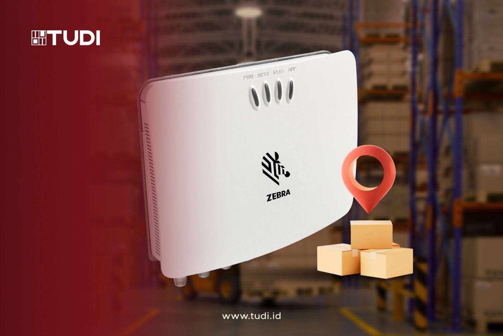 White Zebra device in a warehouse with stacked boxes. Red map pin, cardboard boxes, and TUDI logo on red background. Text: www.tudi.id.