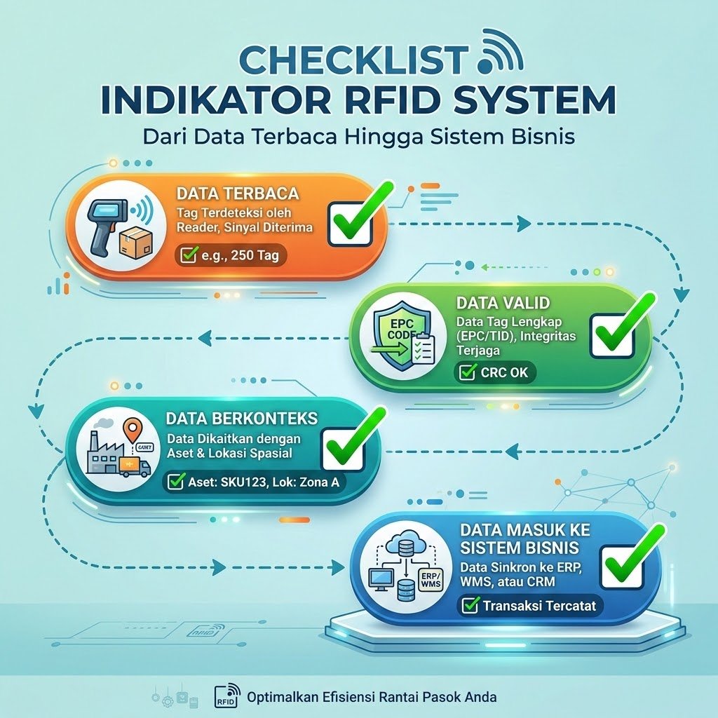 Infografis checklist sistem RFID biru, alur data terbaca, valid, berkonteks, lalu masuk ke sistem bisnis dengan tanda centang.