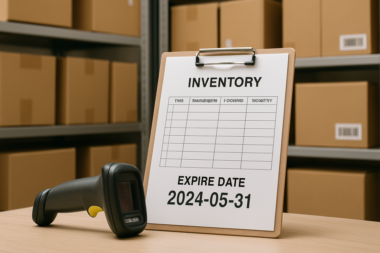 A warehouse worker uses a handheld RFID scanner to scan a labeled cardboard box on a metal shelf while holding a clipboard with an inventory checklist, surrounded by neatly stacked boxes in the background.